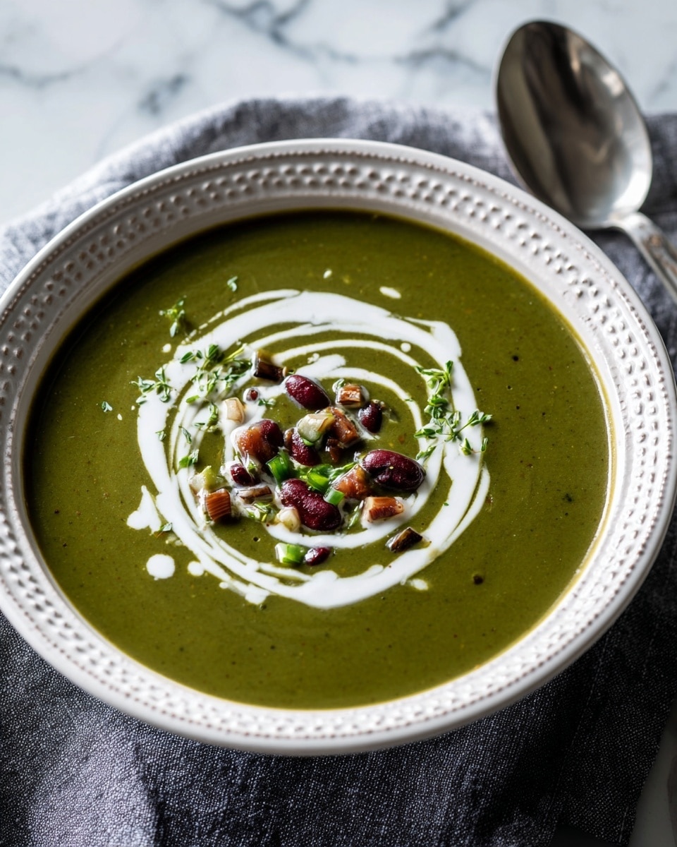 A white plate with a detailed rim holds a thick green soup that fills most of the bowl. On top of the soup is a swirl of white cream, around the center, where there are small dark red beans and light brown diced pieces, garnished with little green herb leaves. The plate sits on a dark gray cloth on a white marbled surface with a shiny silver spoon in the background. photo taken with an iphone --ar 4:5 --v 7