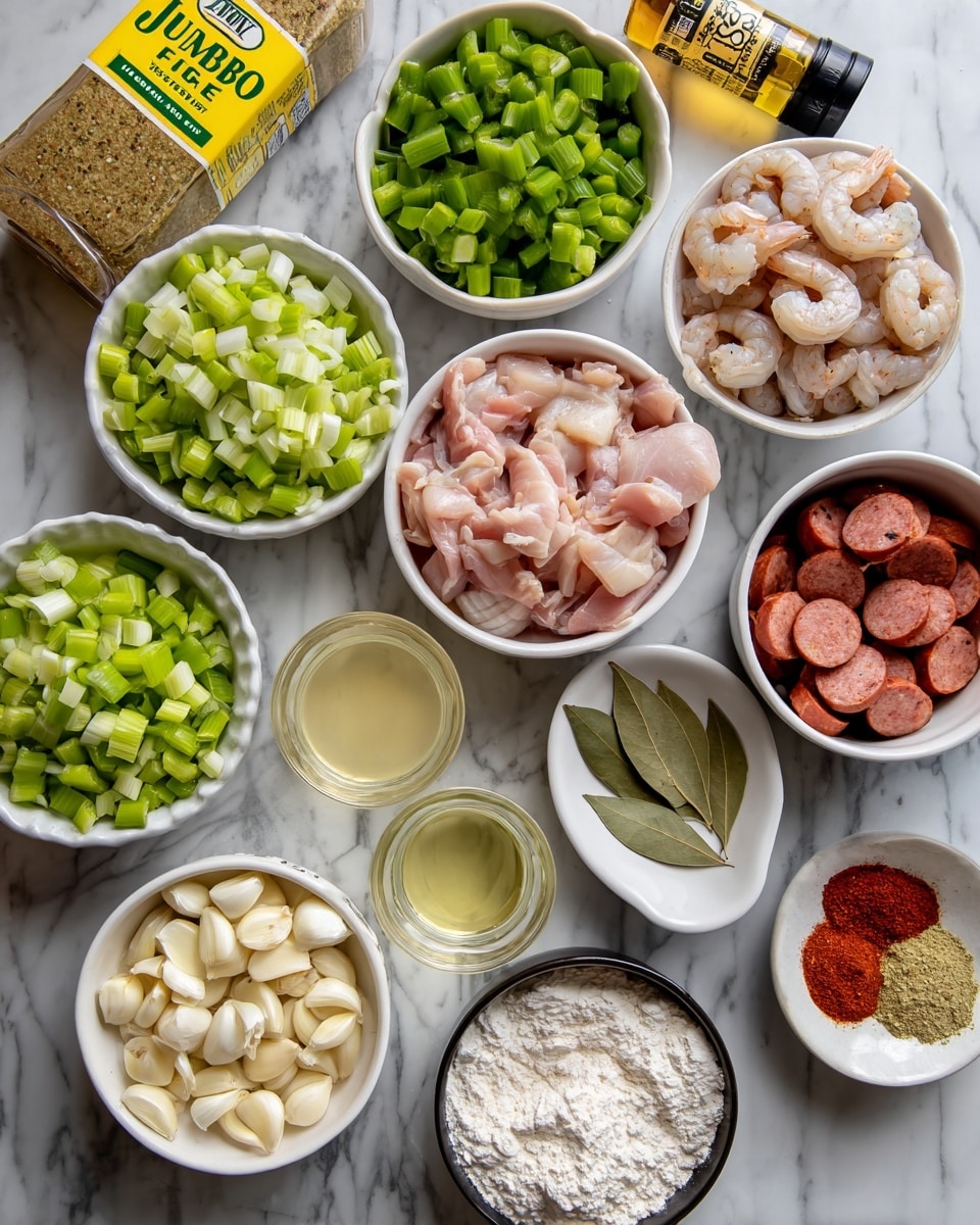 The image shows an overhead view of many small white bowls and dishes arranged on a white marbled surface, each holding different cooking ingredients. There are chopped green celery pieces, green bell peppers cut into chunks, sliced okra, diced white onions, and sliced reddish-brown sausages. In one bowl, there are raw pieces of pink chicken, while another holds peeled shrimp with tails on. A white dish has three green bay leaves, a light brown powder, and a reddish seasoning side by side. A small bowl contains peeled garlic cloves. A clear cup holds a pale yellow liquid that looks like oil. There is also a black bowl filled with white flour and a small bottle of spice labeled