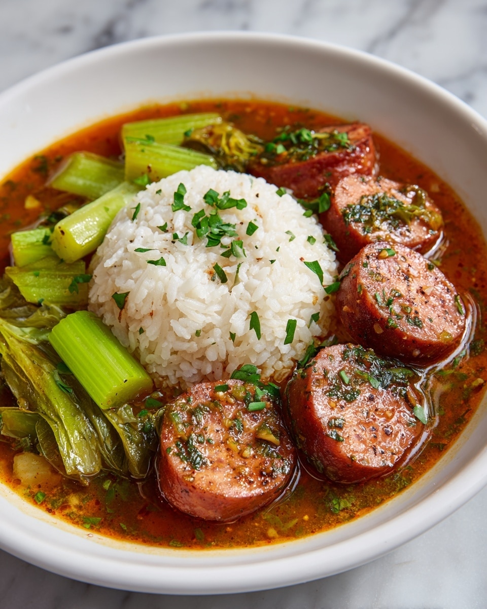 A white bowl sits on a white marbled surface, filled with a stew that has three main layers. On one side, there is a mound of fluffy white rice with small pieces of green herbs sprinkled on top. Next to the rice, there are bright green celery chunks soaking in a rich, reddish-brown broth. On top of the celery are thick, round slices of browned sausage with visible seasoning, also covered with green herbs. The broth looks thick and flavorful, with hints of spices and small pieces of cooked meat throughout. The photo was taken with an iphone --ar 4:5 --v 7