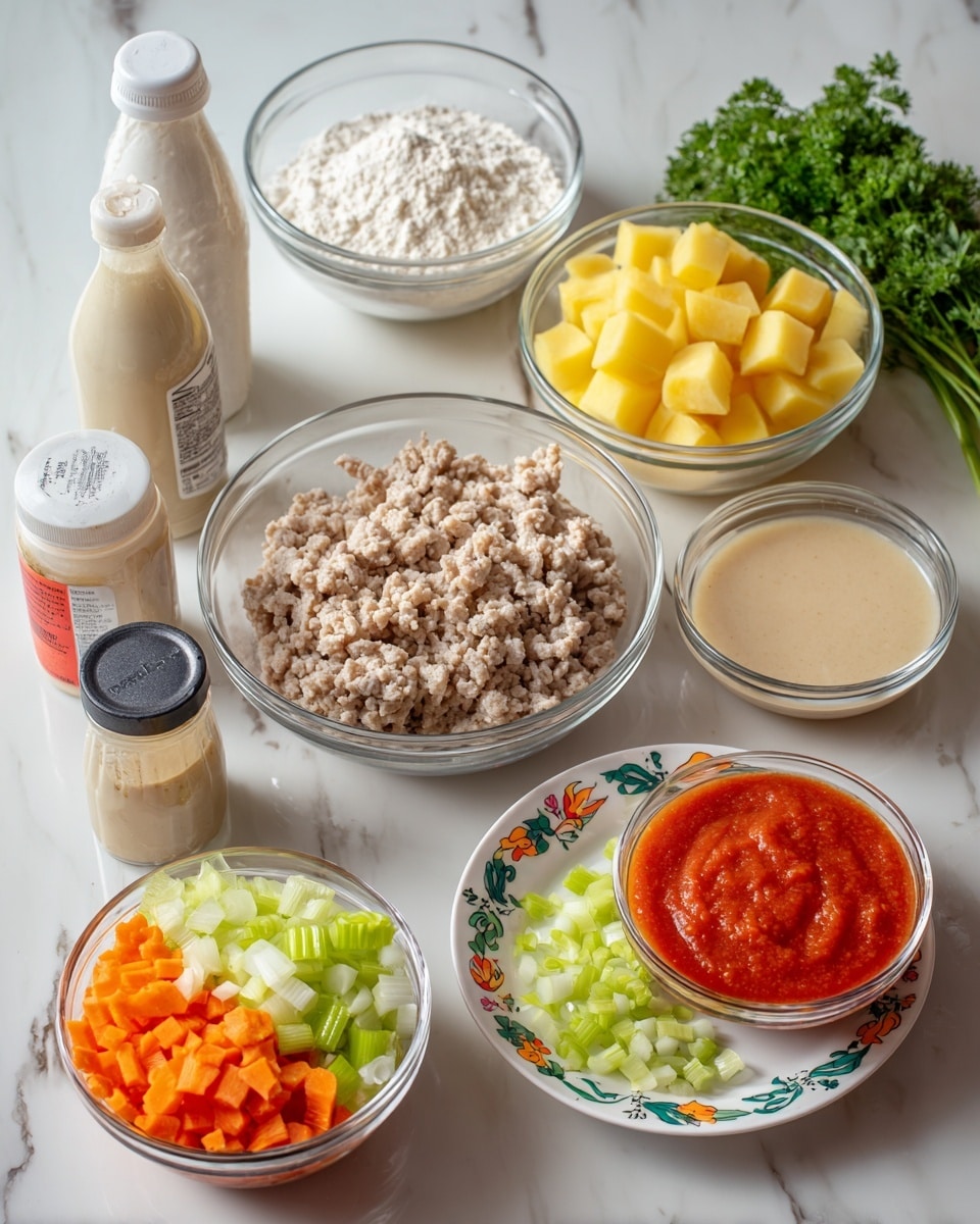 The image shows several small glass bowls and containers arranged on a white marbled surface. Starting from the top left, there is a small clear bowl filled with white flour next to a bowl with bright yellow cubed potatoes, and fresh green parsley in the background. Below, there is a medium clear bowl with light brown cooked ground meat, decorated with colorful designs on a white plate underneath. To the right is a clear glass bowl filled with a light beige liquid broth, and next to it a bowl with bright red tomato sauce. In the foreground, a white bowl holds finely chopped orange carrots, pale green celery, and white onions mixed together. On the left side are two small bottles: one with a white lid and dark label, and the other a squeeze bottle with a beige cap and red label, both standing upright. The scene is neat and well-lit, showing fresh ingredients ready to be used. photo taken with an iphone --ar 4:5 --v 7