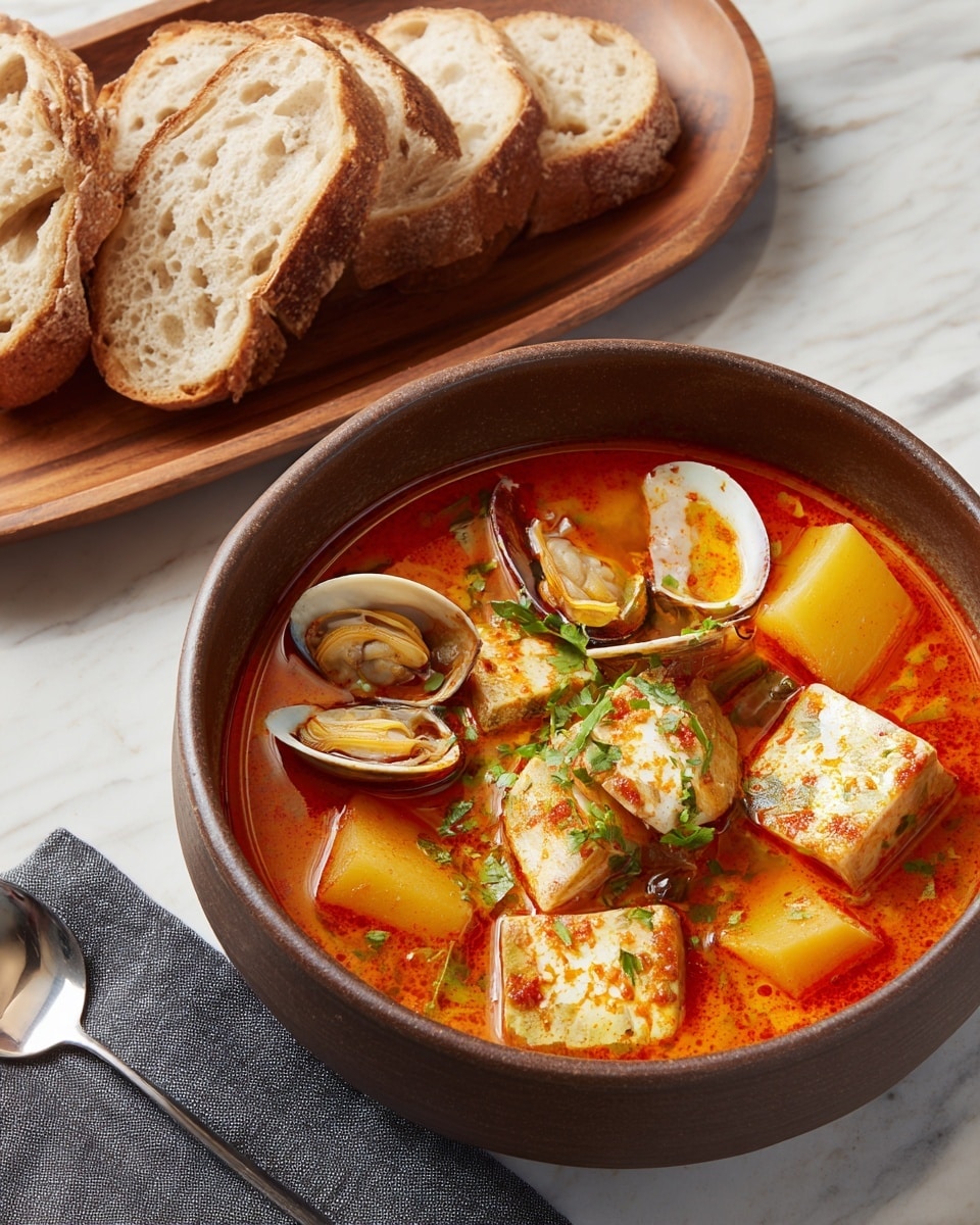 A brown bowl filled with a thick orange-red soup containing four layers of visible ingredients: large yellow potato cubes, white clam shells, chunks of white fish, and small pieces of green herbs, all floating evenly in the broth; the bowl is placed on a white marbled surface, next to a wooden plate holding slices of rustic white bread, with a silver spoon and a dark gray napkin beside it, photo taken with an iphone --ar 4:5 --v 7