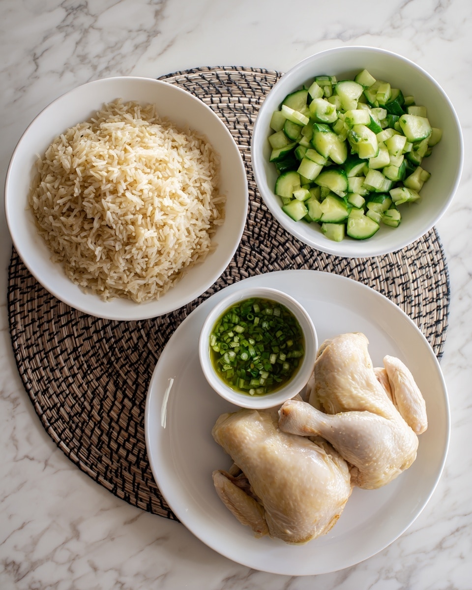 The image shows three white plates on a white marbled surface. The largest plate at the bottom right has two whole cooked chicken pieces, pale beige in color, placed close together with a small white bowl of green sauce that contains chopped green onions on the left side of the plate. In the top right, there is a white bowl filled with bright green chopped cucumbers mixed with small bits of garlic, showing a fresh and glossy texture. On the left side, another white bowl contains a mound of light brown cooked rice, fluffy in texture with individual grains visible. The dishes are arranged on top of a woven black and tan placemat. Photo taken with an iphone --ar 4:5 --v 7