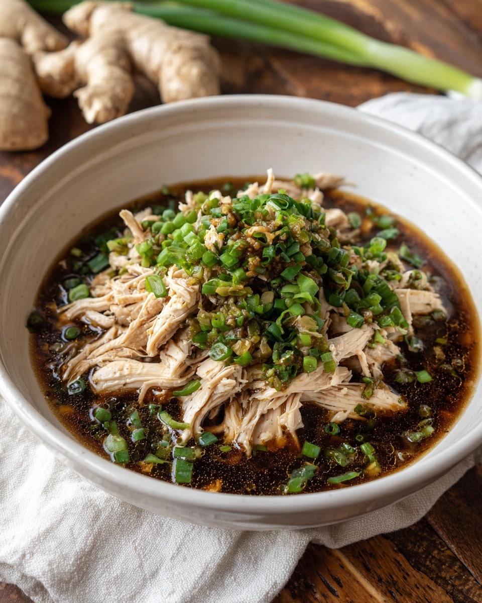 A deep white bowl holds a dish with three main layers. The bottom layer is a dark brown sauce that fills the bowl. On top of this is a layer of light beige shredded chicken arranged to fill most of the bowl. The top layer is a mix of chopped green onions and minced garlic scattered evenly over the chicken. The bowl sits on a wooden table with a white cloth and ginger root in the background. photo taken with an iphone --ar 4:5 --v 7