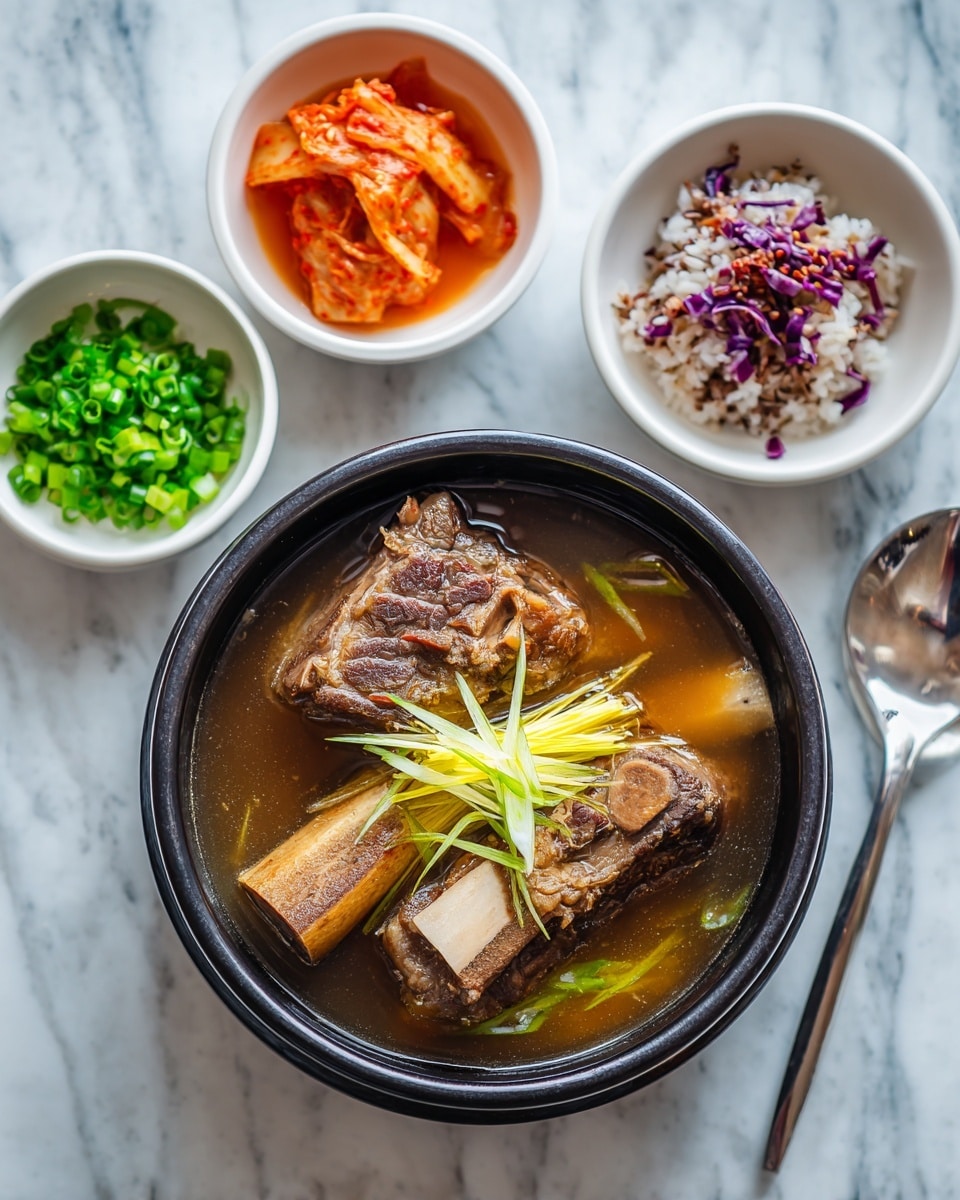 The image shows a black bowl of clear soup with two large pieces of light brown meat with bones in the center, floating in a dark broth; on top, there are long thin yellow strips and a white rectangular piece. Surrounding the bowl on a white marbled surface are three white small bowls: one filled with bright green chopped scallions, another with orange-red kimchi pieces, and a third with mixed purple and white cooked rice. A shiny silver spoon is also seen near the bowls. Photo taken with an iphone --ar 4:5 --v 7