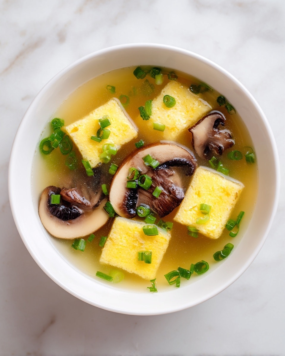 This image shows a white bowl filled with clear soup on a white marbled surface. In the soup, there are four large yellowish cubes that look soft and translucent, placed around two pieces of dark brown meat with visible texture. On top of the soup, some sliced brown mushrooms and bright green chopped scallions are sprinkled, adding color and texture. The soup looks light and simple with a clean presentation. Photo taken with an iphone --ar 4:5 --v 7