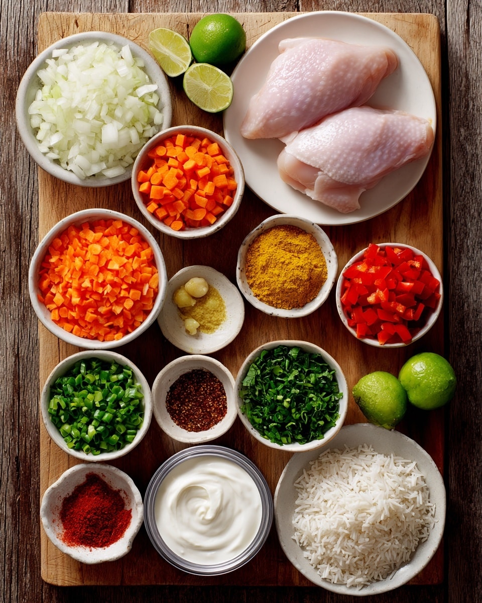 The image shows a wooden board with many small white bowls and a white plate arranged neatly, each holding different cooking ingredients. At the top center, two raw chicken pieces with a smooth pink tone sit on a white plate. Surrounding this, there are bowls filled with bright orange chopped carrots, white chopped onions, and vibrant red bell pepper pieces. Small white bowls hold minced garlic, finely chopped ginger, bright yellow turmeric powder, and a deep red chili powder. Two fresh limes with green skin lie on the board near bowls holding a green liquid, a brown syrupy liquid, bright green chopped scallions, uncooked white rice grains, and finely chopped fresh green herbs. In the middle, there is an opened can of white coconut cream showing its smooth texture. All items are set against the wooden board background. photo taken with an iphone --ar 4:5 --v 7