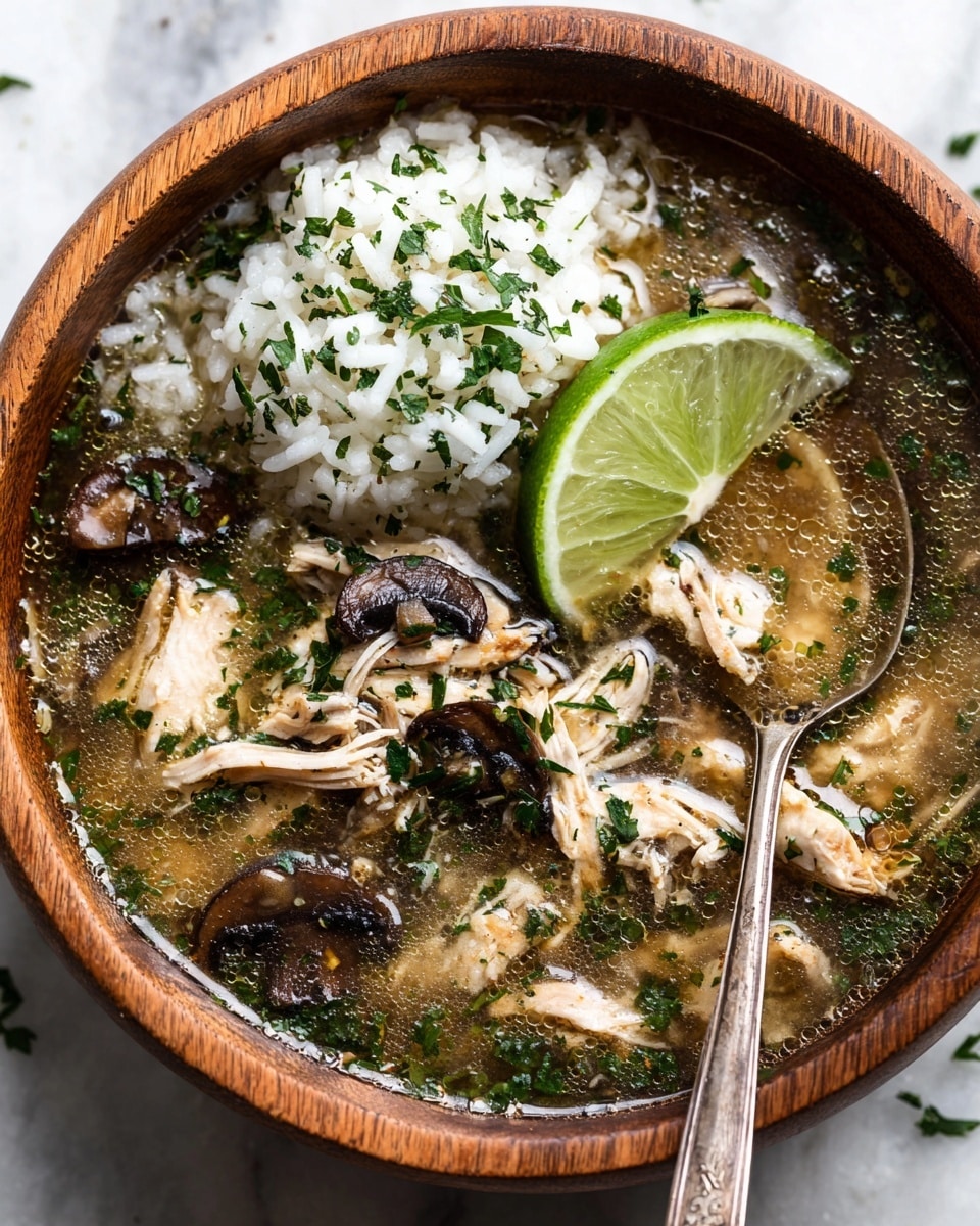 A wooden bowl filled with clear broth soup, containing shredded light brown chicken pieces and dark brown mushroom slices scattered throughout. On one side, a mound of white rice topped with finely chopped green herbs sits partially submerged in the broth. A bright green lime wedge rests on top of the rice. The soup's surface glistens with small oil droplets, and a silver spoon is placed inside the bowl on the right side. The background is a white marbled texture photo taken with an iphone --ar 4:5 --v 7