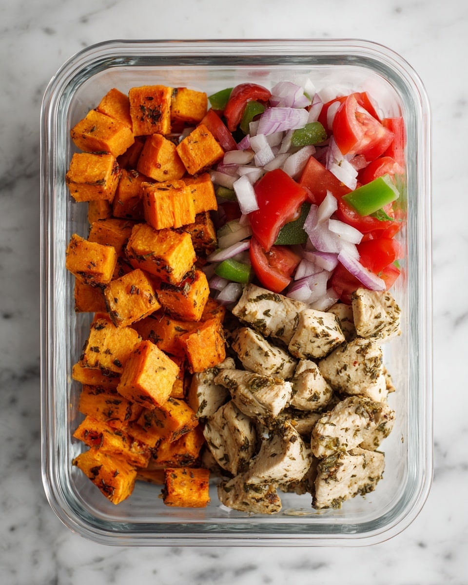 A clear glass rectangular container holds a neatly arranged meal with three distinct sections. On the left, there are golden brown roasted sweet potato cubes, slightly crispy on the edges. In the middle, a fresh salad with chunks of red tomato, white onion slices, and pieces of green bell pepper creating a colorful mix. On the right, seasoned grilled chicken pieces with a light brown color and visible herbs. The container sits on a white marbled surface. Photo taken with an iphone --ar 4:5 --v 7