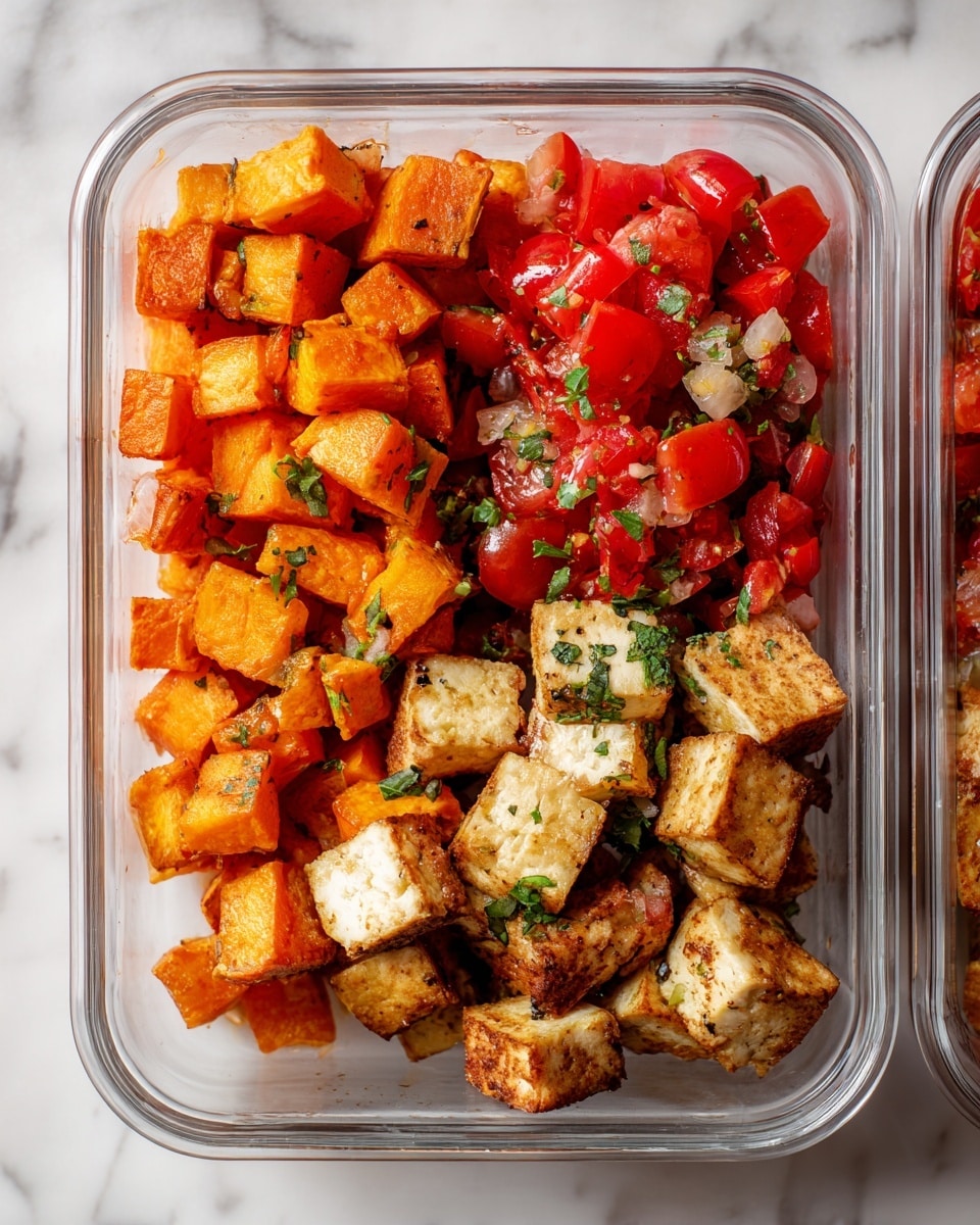 A clear rectangular glass container is divided into three layers: the left layer has small orange roasted sweet potato cubes with a slightly crispy texture; the middle layer contains bright red diced tomatoes mixed with bits of green herbs, giving a fresh and juicy look; the right layer holds light brown cooked pieces of tofu with a firm and uneven surface. The container sits on a white marbled surface with two similar containers blurred in the background. photo taken with an iphone --ar 4:5 --v 7