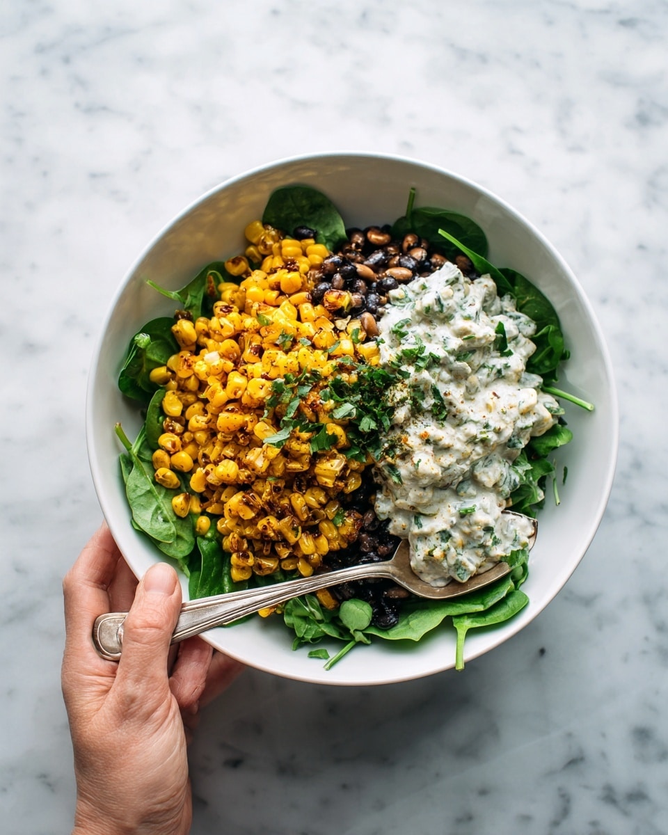 A white bowl filled with a fresh salad sits on a white marbled surface. The salad has three main layers: on the left is bright yellow roasted corn, in the middle is a dollop of white creamy sauce mixed with some green herbs, and on the right are small black beans. Underneath these toppings, there is a bed of fresh green spinach leaves. A silver spoon is resting inside the bowl, held by a woman's hand. The photo taken with an iphone --ar 4:5 --v 7