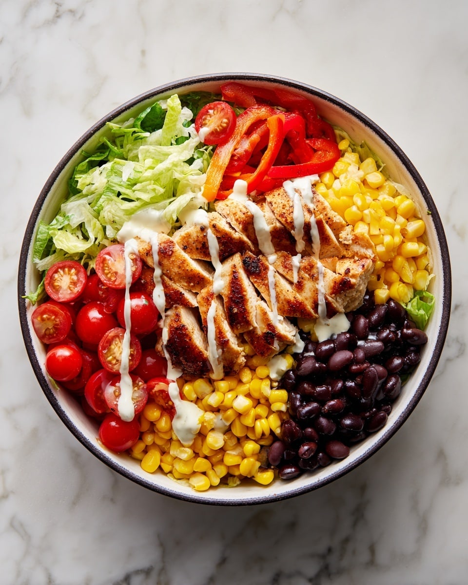 A bowl filled with layers of colorful food sits on a white marbled surface. Starting from the bottom, there is a base of shredded lettuce on one side and cooked black beans on another. Bright yellow corn kernels are placed next to the beans. On top of these, there are halved cherry tomatoes and slices of red bell pepper arranged neatly. Several pieces of grilled chicken with a golden brown color are laid on top in the center. The chicken is drizzled with a light white sauce. Everything is inside a white bowl with a thin black rim. photo taken with an iphone --ar 4:5 --v 7