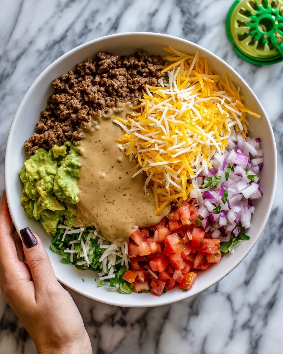 A white bowl filled with a colorful layered dish, starting with a base of cooked ground beef on one side, followed by a small portion of bright green, mashed avocado next to it. On another side, there are chopped red tomatoes mixed with small pieces of white onion. Below those, a pile of shredded yellow and white cheese is placed. In the center, a smooth, light brown sauce is drizzled over the ground beef and slightly touching the cheese. A woman's hand is holding the bowl, and the bowl is placed on a white marbled surface with a green avocado slicer nearby. Photo taken with an iphone --ar 4:5 --v 7
