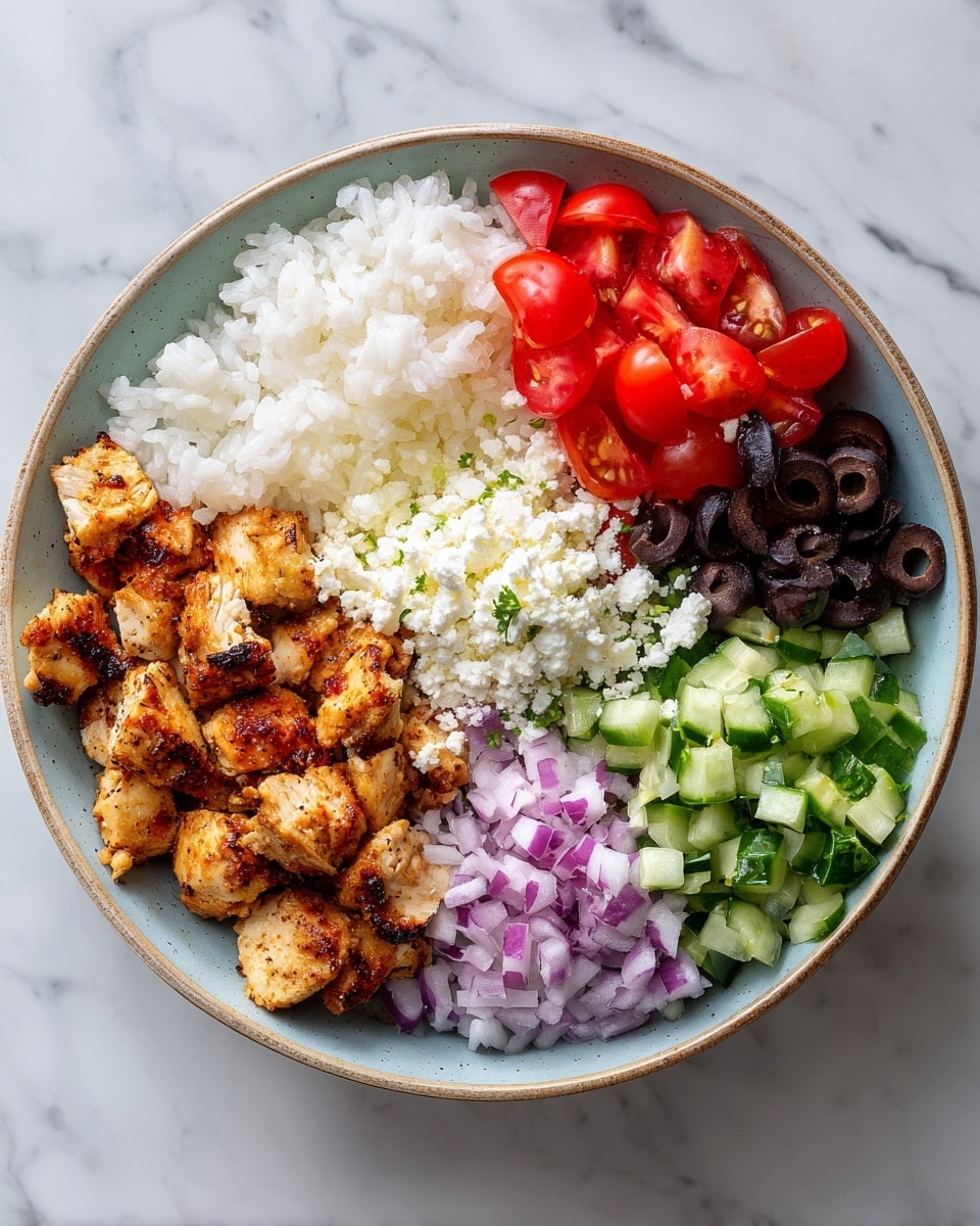 A colorful bowl with seven distinct layers arranged in a circular pattern: cooked white rice with a fluffy texture on the top left, small bright red tomato halves next to it, creamy white sauce on the top right, dark black olive slices beneath the sauce, golden-brown cooked chicken pieces with a light char on the bottom right, finely chopped purple onion to the left of the chicken, and fresh green cucumber cubes on the far left. In the center, there is a pile of crumbled white cheese adding contrast. The bowl is placed on a white marbled surface. photo taken with an iphone --ar 4:5 --v 7