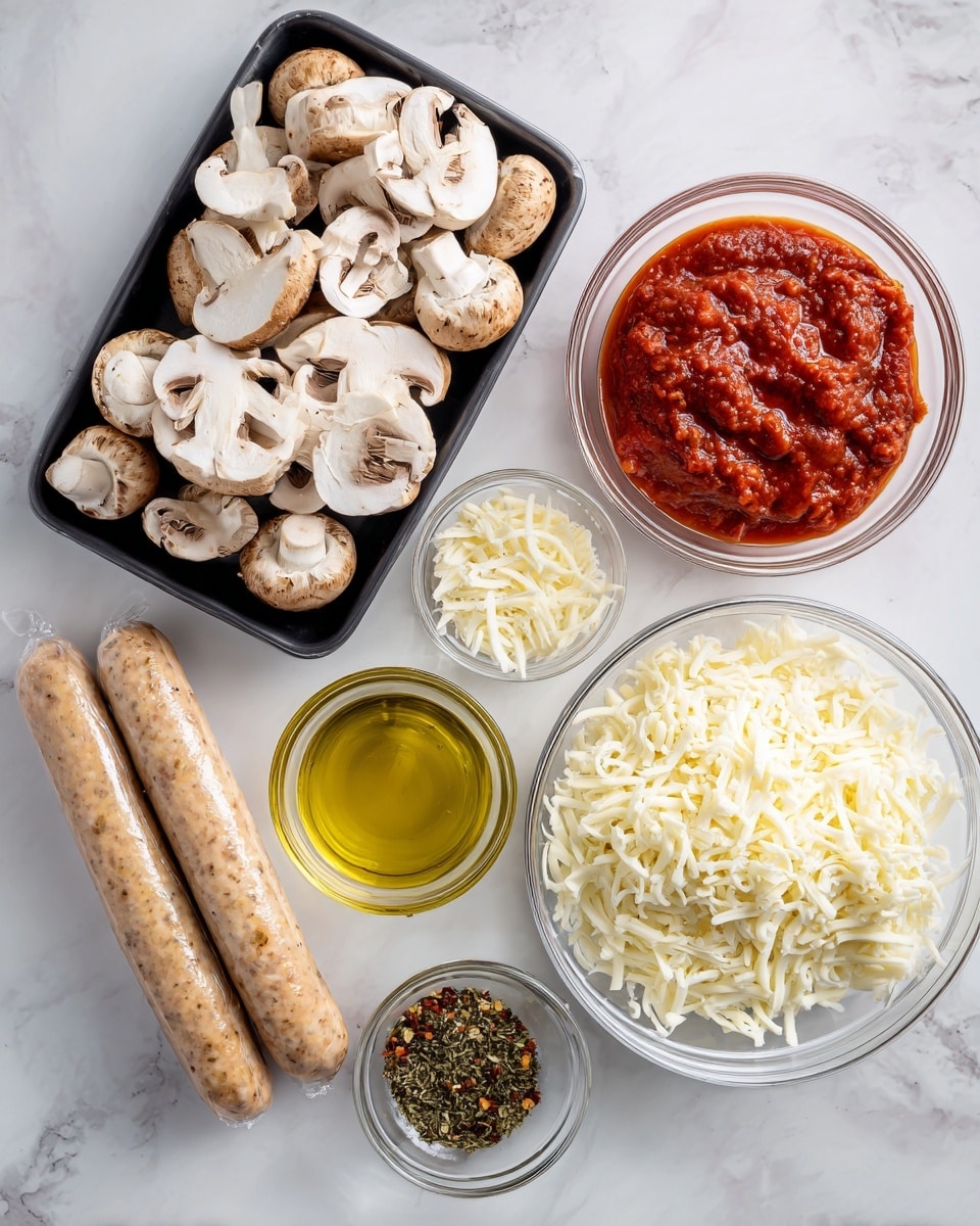 The image shows several cooking ingredients neatly placed on a white marbled surface. On the top left, there is a black plastic tray of mini bella sliced mushrooms with light brown caps and white stems. To the right of the mushrooms, a clear glass bowl holds chunky red tomato sauce, bright and textured. Below, a large clear glass bowl is filled with shredded white mozzarella cheese, soft and fluffy. To the left of the cheese, a package of sweet Italian chicken sausage, shown in pale orange color with dark seasoning specks, is laid flat. Below the sausage are three small clear glass bowls: the left one contains golden yellow olive oil, the middle one holds mixed dried green herbs with small red flakes, and the right one has finely grated pale-colored cheese. photo taken with an iphone --ar 4:5 --v 7