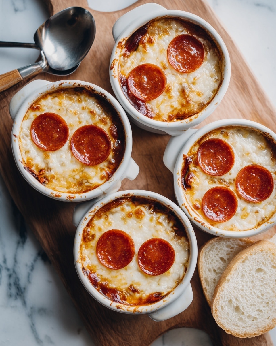 Four small white ceramic dishes each hold a baked dish with three round pepperoni slices on top of melted golden cheese. The cheese layer looks soft and creamy, covering a slightly browned surface underneath. The dishes sit on a wooden board with a white marbled background. To the right side, there are two round slices of white bread. A woman's hand is holding a spoon on the left side near the dishes. The lighting is bright and natural, showing clear textures of the cheese, pepperoni, and ceramic. Photo taken with an iphone --ar 4:5 --v 7