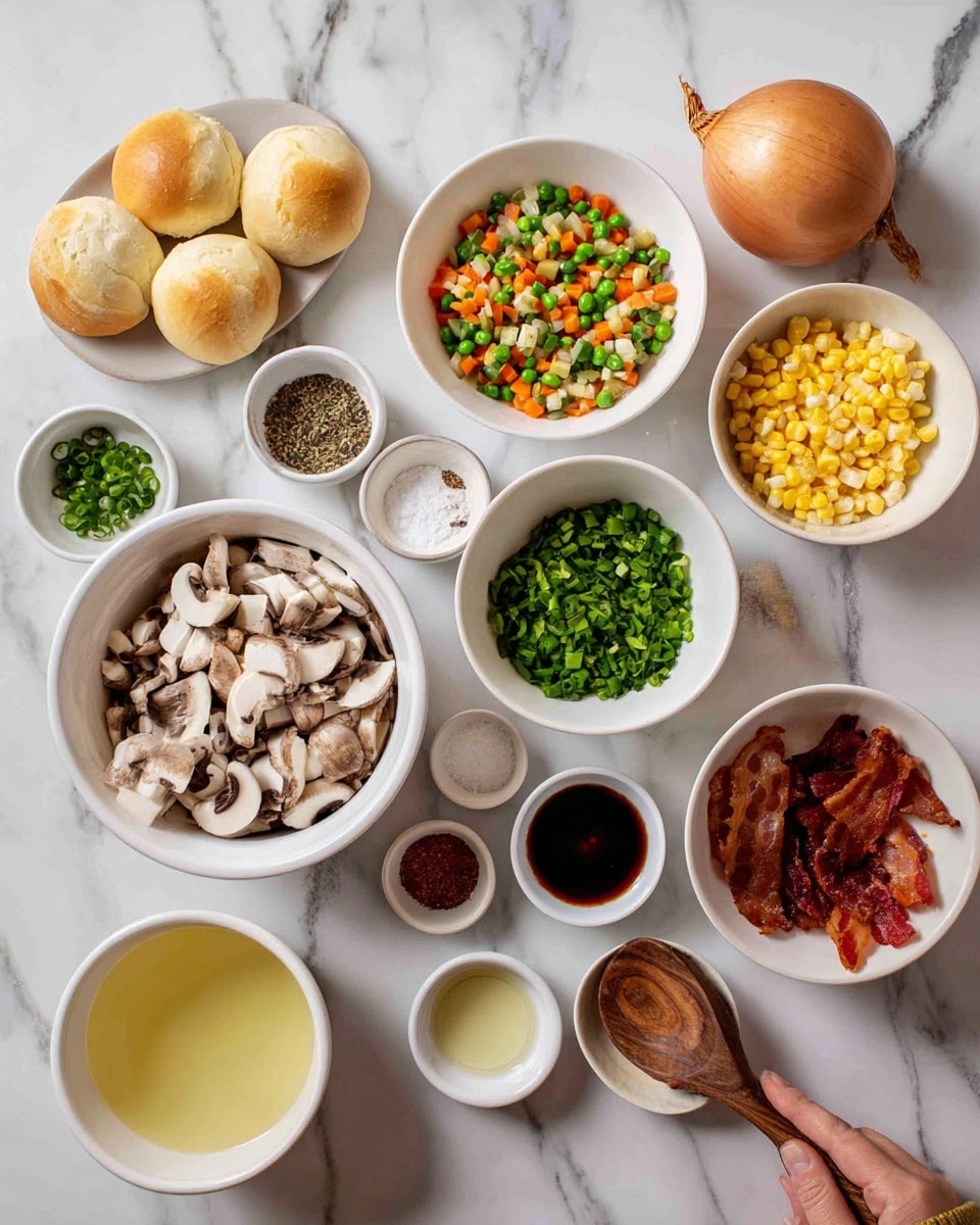 The image shows a top view of several small white bowls arranged on a white marbled surface, each holding different ingredients for cooking. There are three buns at the top left, a bowl of mixed diced carrots and peas in the top center, and a whole onion at the top right. Below these, there are chopped mushrooms in a large white bowl on the left and a bowl of bacon strips on the right. Around these main bowls are smaller white bowls and containers filled with yellow corn, a clear broth, beaten eggs, green onions, chopped chives, oil, salt, and three small bowls of spices including red pepper, black pepper, and another seasoning. A woman's hand is holding a wooden spoon near the bottom right. photo taken with an iphone --ar 4:5 --v 7