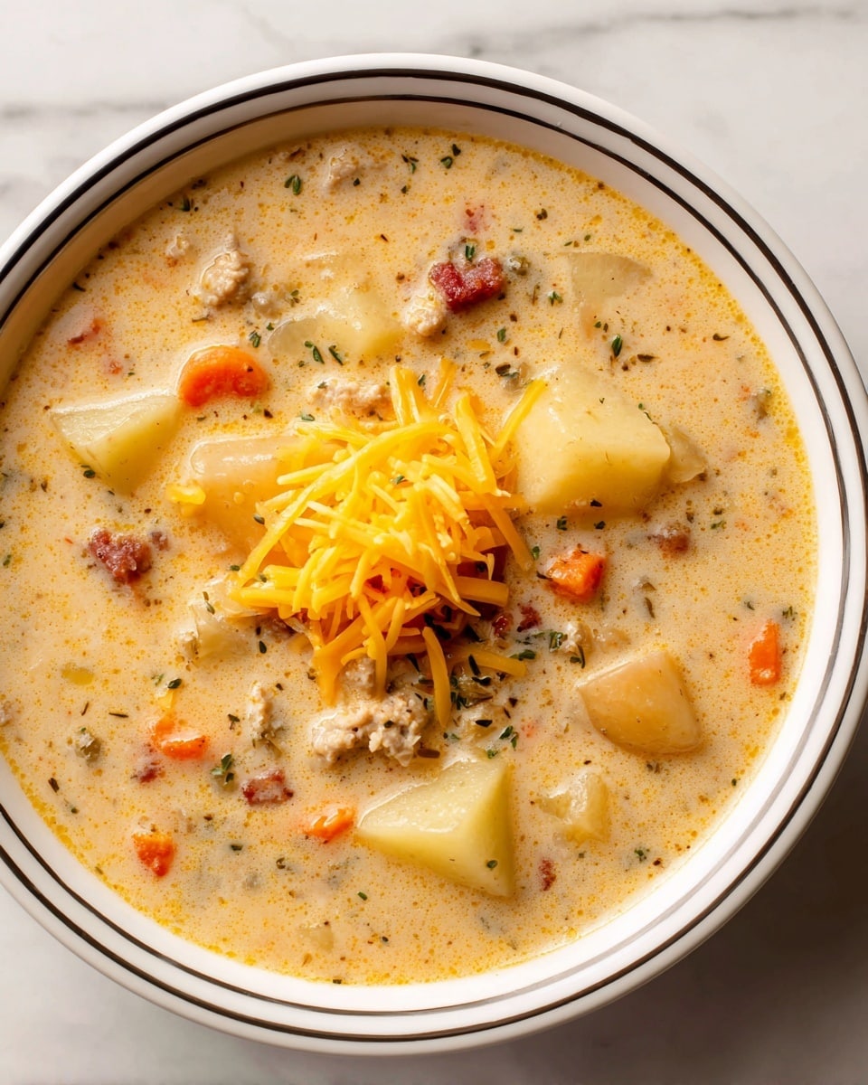 A bowl of thick soup with a creamy light beige base filled with small pieces of yellow potatoes, orange carrot bits, green herbs, and small chunks of reddish-brown meat scattered throughout. On top of the soup, there is a small pile of shredded yellow and white cheese placed in the center. The soup is served in a white bowl with a thin black line near the rim, placed on a white marbled surface. photo taken with an iphone --ar 4:5 --v 7