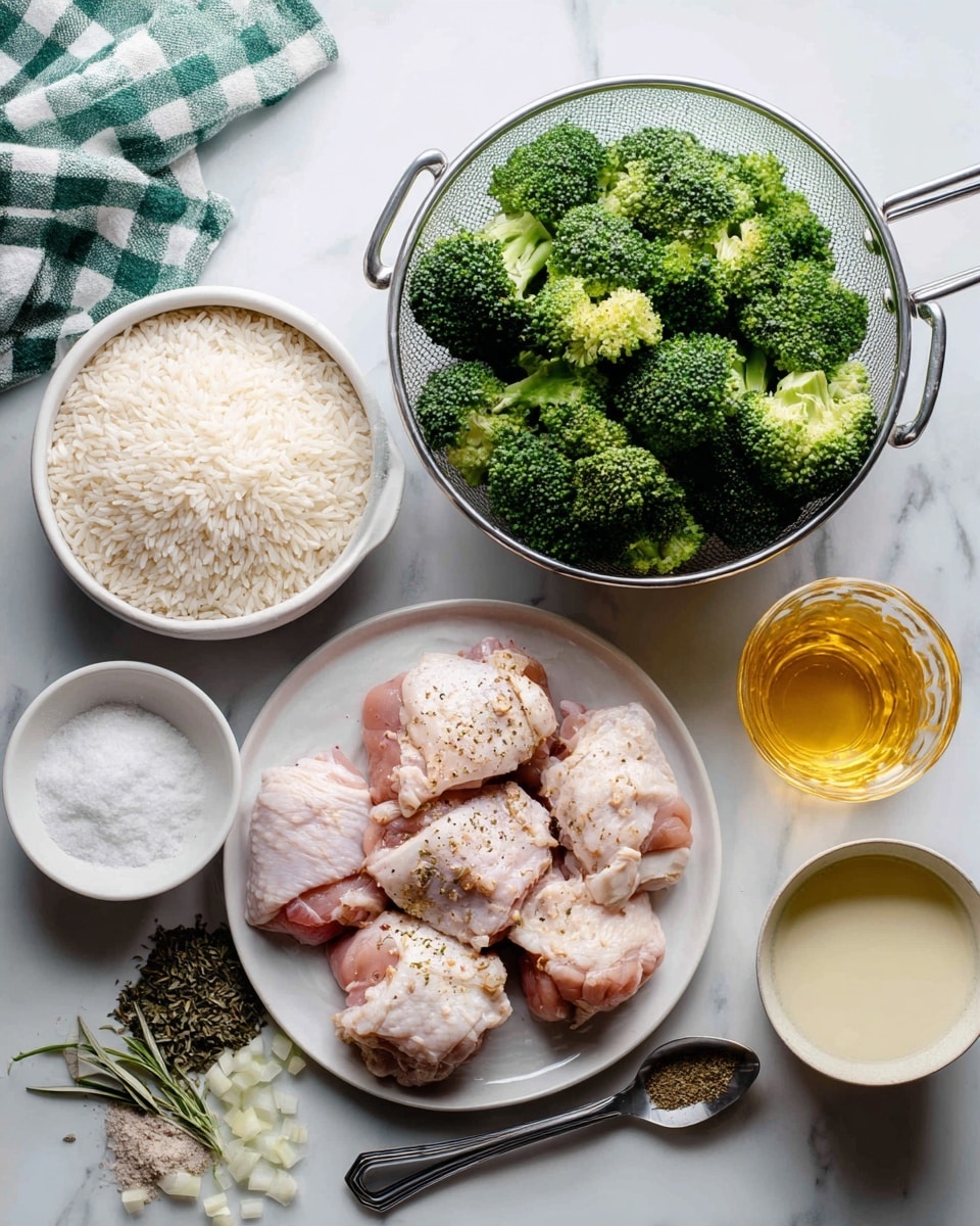 The image shows several ingredients arranged on a white marbled surface. At the center is a white plate with raw chicken pieces seasoned with spices. Above it is a metal colander filled with fresh broccoli florets. To the left, there is a white bowl full of uncooked rice grains. Next to it lies a small bowl of white powder, likely salt. Below the plate, there is a small bunch of dried herbs, a small bowl of creamy white sauce, and a spoon with chopped onions. On the right side, there is a clear glass filled with golden liquid, possibly broth or oil. A green and white checkered cloth is partly visible in the top background. The photo was taken with an iphone --ar 4:5 --v 7