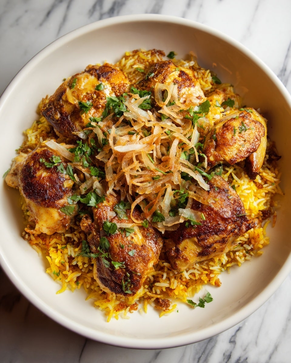 The dish is a round white ceramic bowl filled with yellow rice mixed with spices and pieces of cooked chicken with a golden-brown color. The chicken is placed on top of the rice, showing different shapes and textures, with some pieces having crispy skin and others tender meat. There are small green herbs scattered over the dish, adding a fresh touch. Thin, light brown fried onion slices are spread across the top, adding texture contrast. The rice has a fluffy and slightly oily look with hints of orange and brown from the spices. The bowl is on a white marbled surface. Photo taken with an iphone --ar 4:5 --v 7
