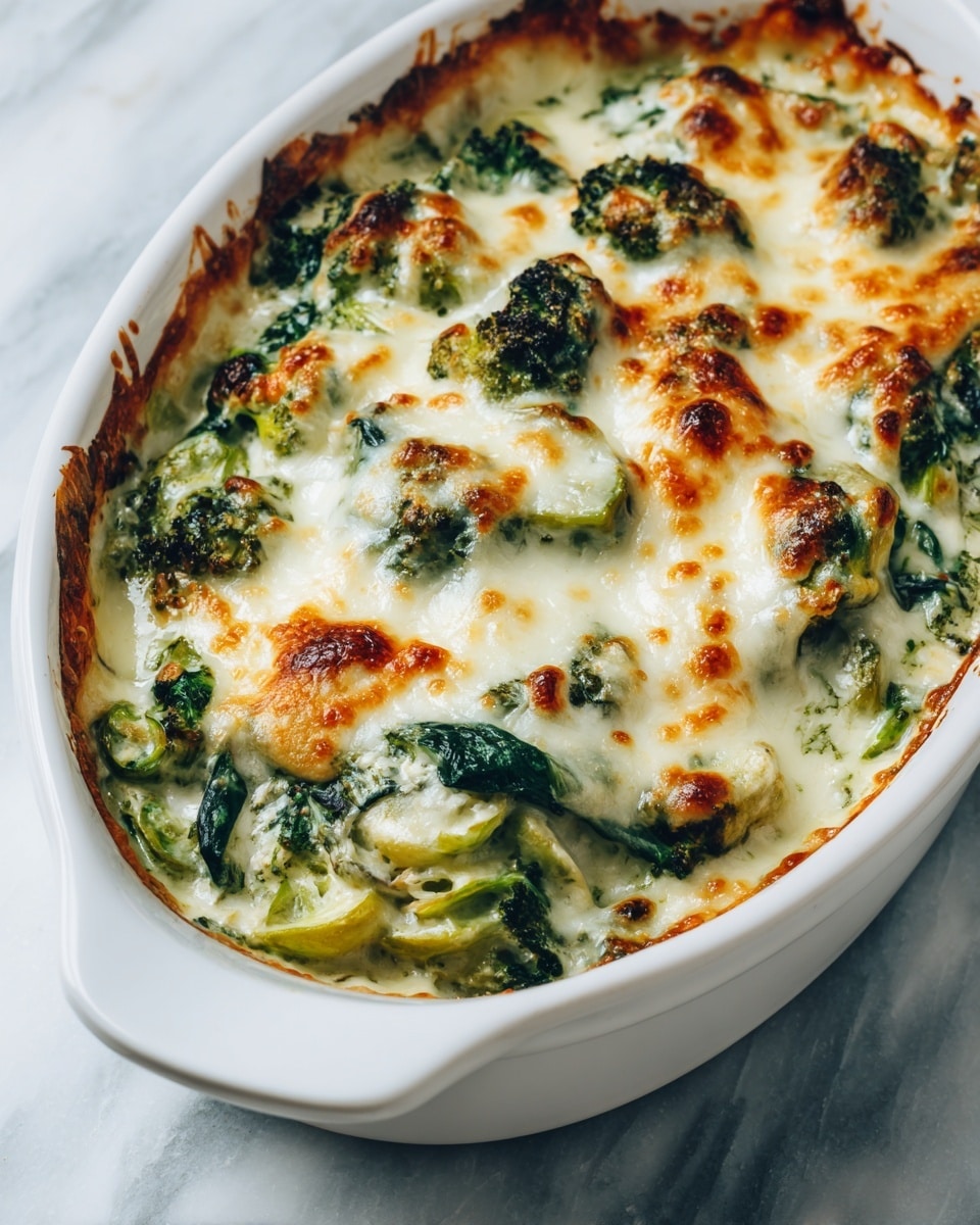 The image shows a white oval baking dish filled with a baked green vegetable casserole. The casserole has several layers, starting with a creamy green sauce mixed with chunks of cooked green vegetables, topped with melted white cheese that is bubbly and slightly browned in spots. The edges of the dish show some browned cheese stuck to the sides from baking. The green sauce has a smooth, thick texture with small bits of vegetables visible throughout. The whole dish rests on a surface with a white marbled texture. photo taken with an iphone --ar 4:5 --v 7