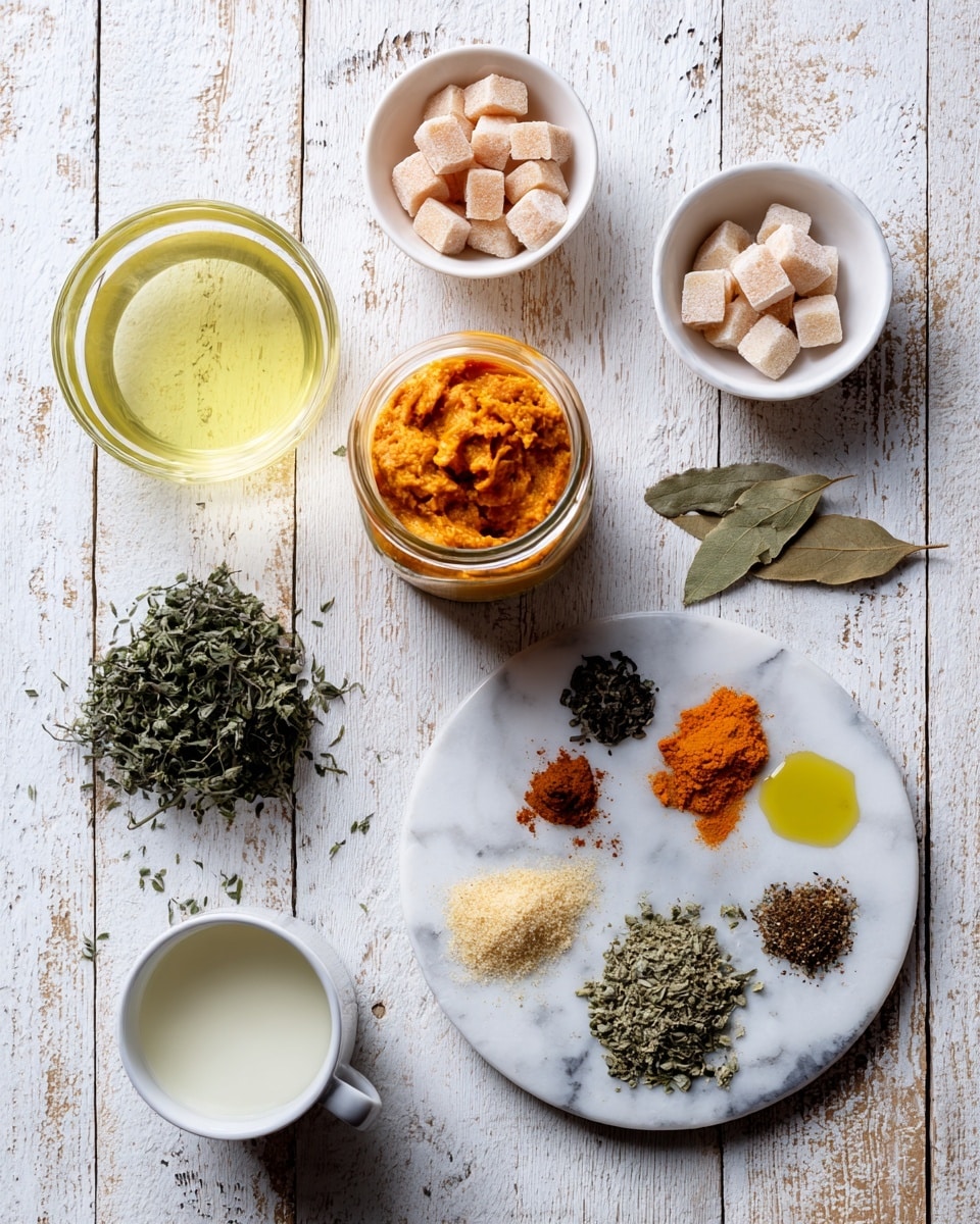 The image shows various ingredients neatly arranged on a white wooden surface with a white marbled texture. At the top left, a clear glass bowl is filled with light yellow liquid, next to a white bowl with small, light pink cubed pieces. Below these, there is a glass jar filled with thick orange paste. On the left side, a small white bowl contains fresh green herb leaves. In the bottom left, there is a white cup with a white creamy liquid. On the right side, a large white round plate holds several small piles of different spices and oils: a small mound of dark orange paste, some dried green leaves, a small pool of light yellow oil, a mix of beige and white powdered spices, and a heap of green dried herb bits. photo taken with an iphone --ar 4:5 --v 7
