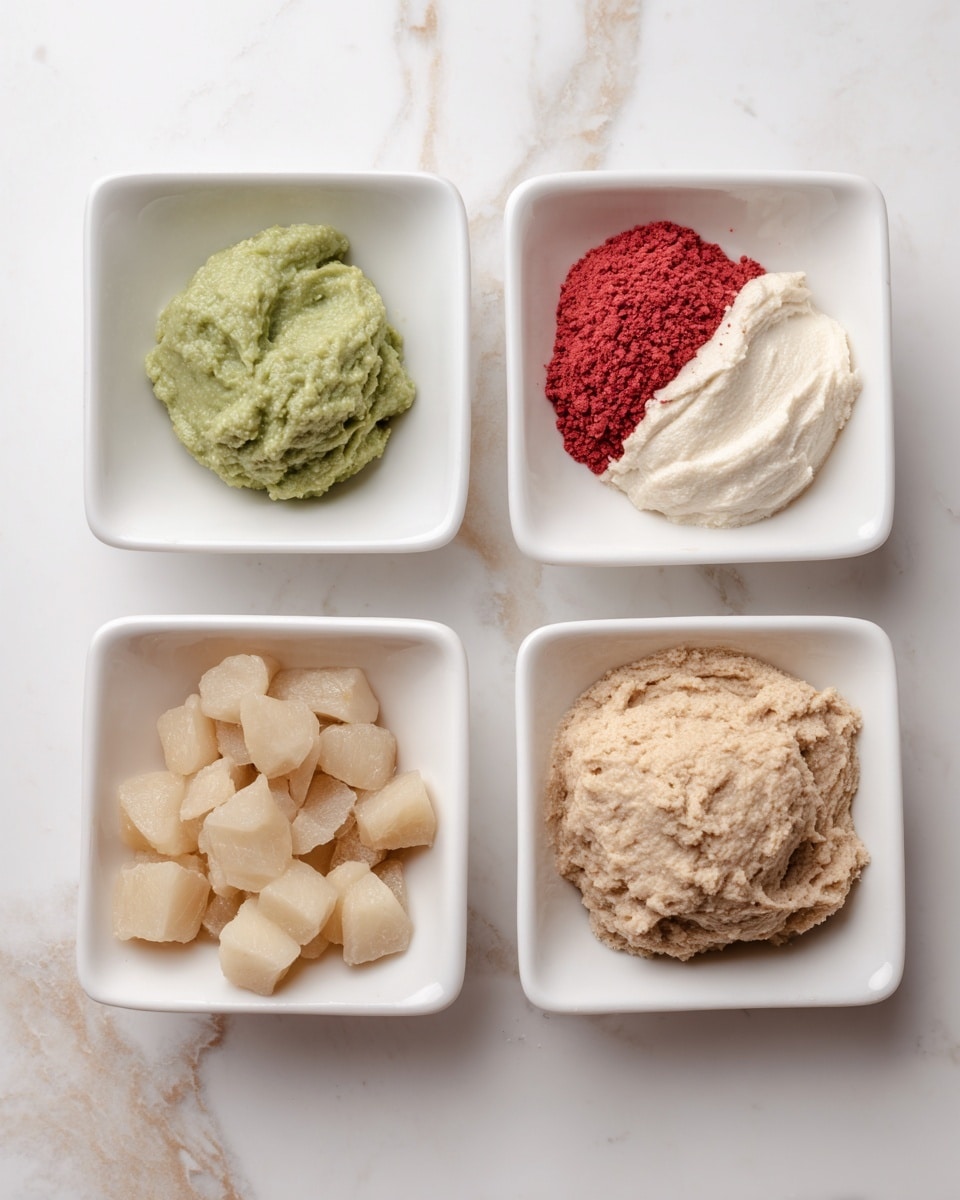 The image shows four parts of a cooking process in square white bowls, placed on a white marbled surface. The first bowl holds three dollops: a green chunky paste on the left, a white creamy layer in the middle, and a red powder on the right, all sitting next to each other. The second bowl contains a light brown smooth mix with a slightly grainy texture. The third bowl has chopped small pale chunks mixed evenly, showing a rougher texture. The fourth bowl shows a thicker beige mixture with a coarse, uneven surface. Photo taken with an iphone --ar 4:5 --v 7
