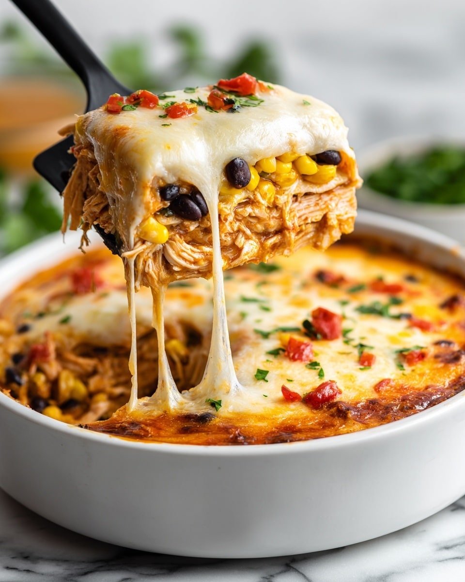 A close-up of a large white bowl filled with a layered Mexican dish. The bottom layer has cooked shredded chicken mixed with yellow corn and black beans. On top of this is a smooth layer of melted white cheese stretching as a black spatula lifts a portion. Red bits of chopped tomatoes or peppers mix into the chicken layer. The bowl sits on a white marbled background with some green garnish slightly out of focus in the back. photo taken with an iphone --ar 4:5 --v 7
