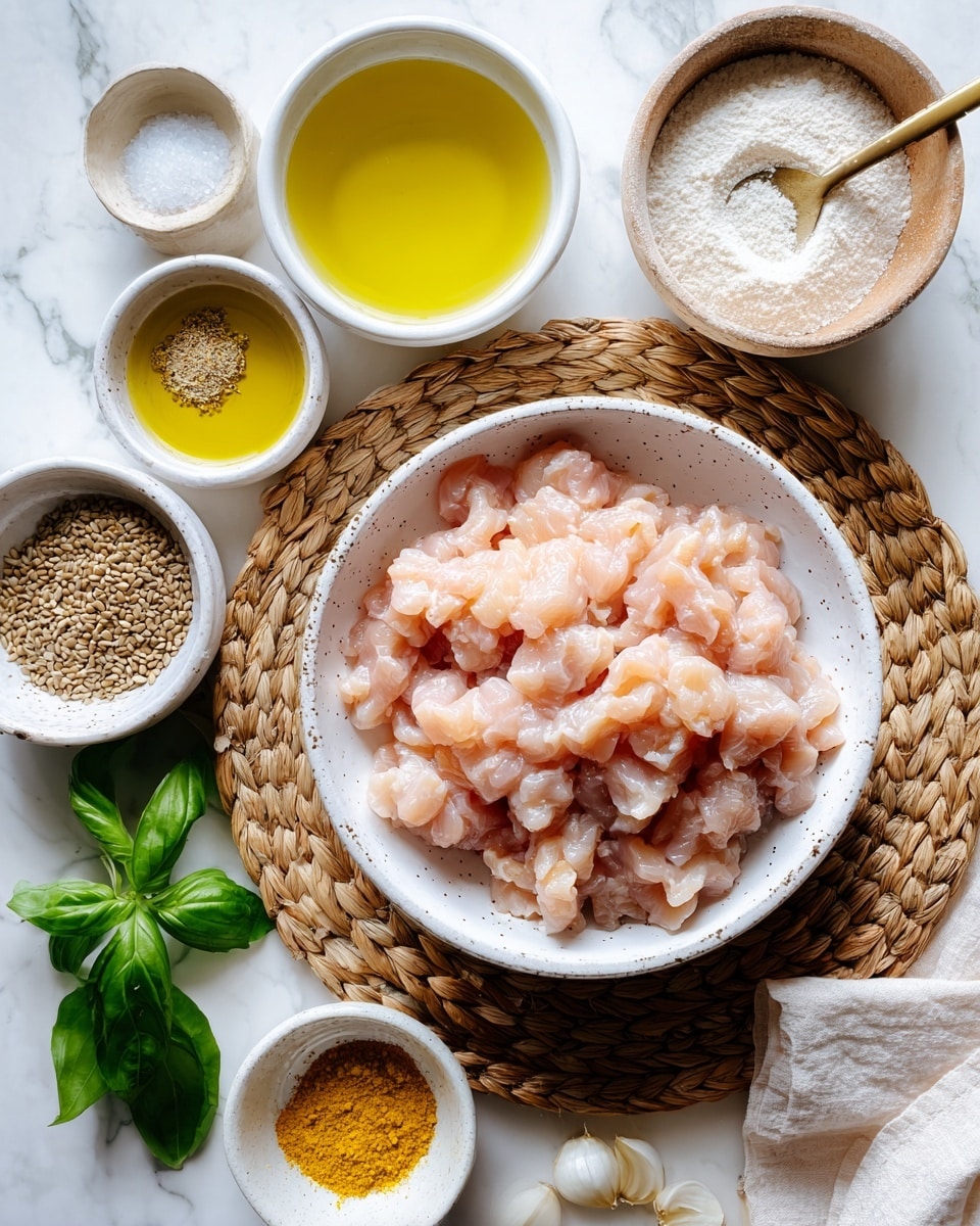 The image shows several small white bowls and a woven round mat on a white marbled surface. On the mat, there is a larger white bowl filled with chopped pale pink chicken pieces that look moist. Surrounding the mat, there are small white bowls with different ingredients: one with bright yellow oil, one with white powder (possibly flour), one with a white liquid, another with yellow spices, and a small amount of light green fresh basil leaves in a bowl. There is also a small spoon filled with brown seeds and a bit of finely minced pale yellow garlic placed nearby. The bowls are neatly arranged, and the overall scene is bright and clean, giving a fresh cooking preparation feel. Photo taken with an iphone --ar 4:5 --v 7