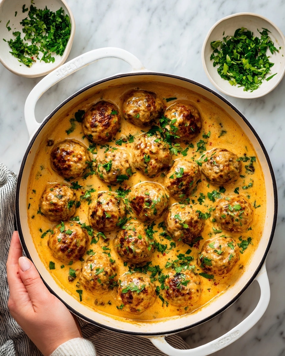 A large white pot filled with many round, golden brown meatballs covered in a creamy, light orange sauce with visible small bits of seasoning and herbs. The meatballs are evenly spread in the pot, sitting in the thick sauce that almost reaches the top edges of the pot. Fresh green herbs are sprinkled over the meatballs, adding a touch of color and freshness. A small white bowl with more chopped green herbs sits near the pot on a white marbled surface. A woman's hand is holding the pot’s handle. Photo taken with an iphone --ar 4:5 --v 7