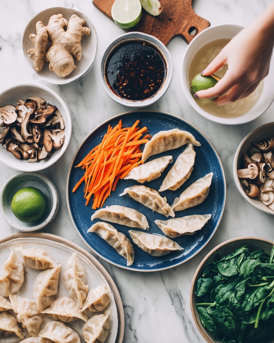 A white table with a white marbled surface holds a blue plate with thin orange carrot strips and fresh ginger root on one side. Nearby is a white bowl with some cooking liquid inside, a small bowl with dark sauce, a small bowl with sliced mushrooms, a bowl with green leafy spinach, and a round white plate with folded light tan dumplings. A woman's hand is reaching from the left side, holding a green lime. The colors include the orange carrots, green spinach and lime, dark mushrooms and sauce, tan dumplings, and light brown ginger, all arranged neatly. Photo taken with an iphone --ar 4:5 --v 7
