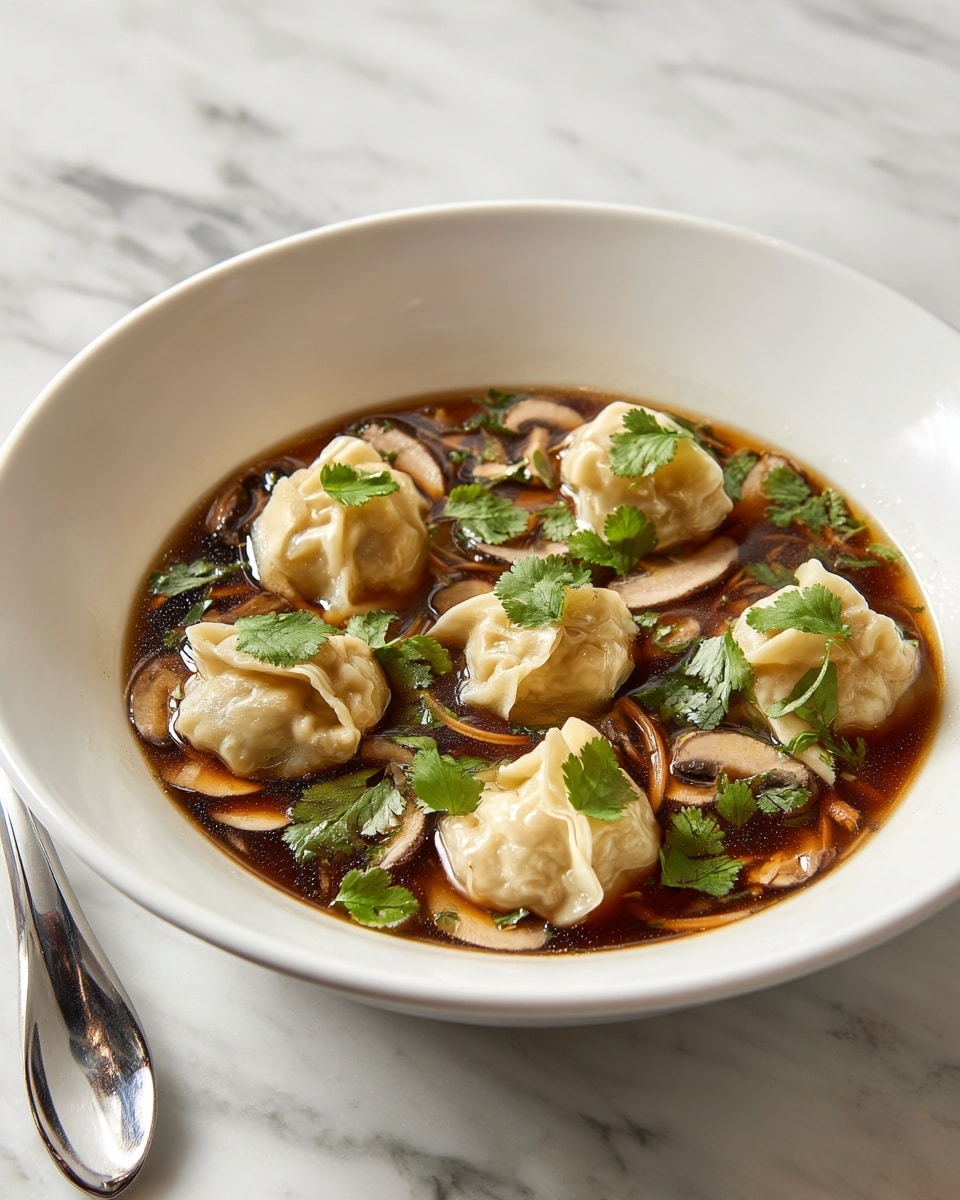 A white round bowl holds a soup with a dark brown broth filled with chopped mushrooms and thin vegetable strips in pale orange and white shades. Floating at the top are seven round, light beige dumplings with delicate folds, each garnished with small green cilantro leaves. Around the outer edge of the soup, there are more scattered cilantro leaves, adding bright green spots. The bowl is placed on a white marbled surface, and to the left of the bowl, a shiny silver spoon rests. photo taken with an iphone --ar 4:5 --v 7