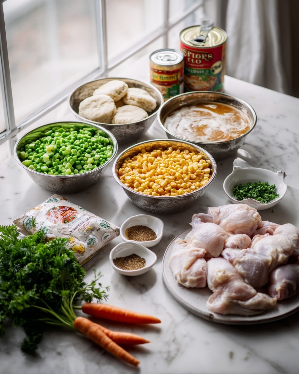 The image shows several bowls and ingredients arranged on a white marbled table. There are four metal bowls, each with different contents: one with chopped green celery, one with yellow corn and green peas, one with a light brown liquid, and one filled with a thick light sauce. A pack of refrigerated biscuit dough is placed in front. There are raw chicken pieces on a white surface beside a bunch of green parsley, a carrot, and a small white bowl containing chopped green herbs. Two small white bowls hold ground brown spices. A can of cream soup is in the background near a window, and natural light brightens the scene. Photo taken with an iphone --ar 4:5 --v 7