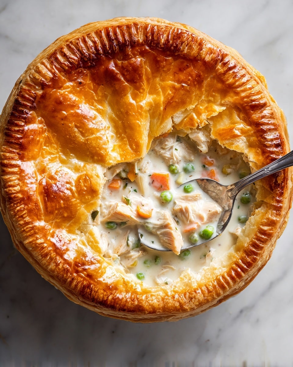 The image shows a golden-brown puff pastry pie with a shiny, flaky crust on top. The center of the pie is open, revealing a creamy white filling with chunks of light orange carrots, small green vegetable pieces, and bits of light tan chicken. A silver spoon is scooping some of the filling out of the pie. The pie is placed on a white marbled surface. The photo taken with an iphone --ar 4:5 --v 7