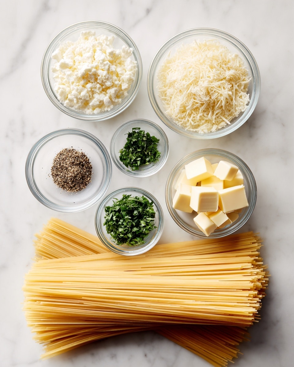 The image shows an arrangement of cooking ingredients on a white marbled surface. At the bottom, there is a neat stack of long, uncooked spaghetti pasta, light beige in color with a smooth texture. Above it, five small clear glass bowls are placed in two rows. In the top row, from left to right, the first bowl contains white, crumbly cheese, the second bowl holds a light beige grated cheese with a slightly fluffy texture. In the bottom row, from left to right, the first bowl has black pepper with a coarse grain texture, the middle bowl contains finely chopped green herbs, and the last bowl on the right holds pale yellow cubes of butter with a smooth surface. The overall scene is bright and well-lit, giving a fresh and clean look. photo taken with an iphone --ar 4:5 --v 7