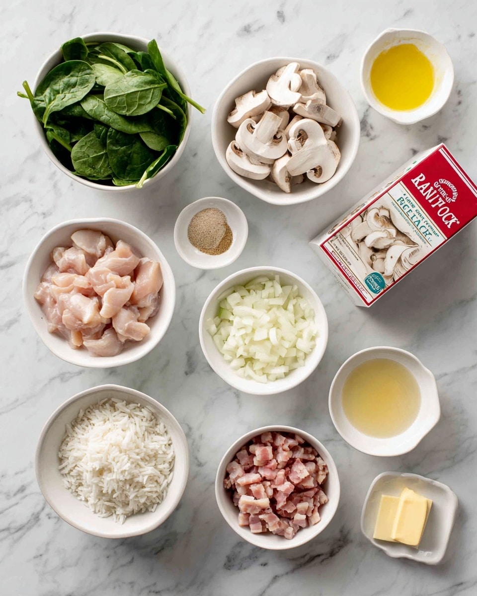 The image shows several white bowls arranged neatly on a white marbled surface. From left to right, there is a bowl filled with fresh green spinach leaves, a bowl with sliced white mushrooms, a bowl with small pieces of raw light pink chicken, a bowl with white rice, a bowl with chopped white onions, a bowl with a light yellow liquid (likely oil), a small bowl with light brown powdered seasoning, and a bowl with light pink diced bacon or ham. Near the bowls, there is a red box of Campbell's Real Stock and a small white dish with yellow butter. The setup looks clean and organized, ready for cooking. Photo taken with an iphone --ar 4:5 --v 7