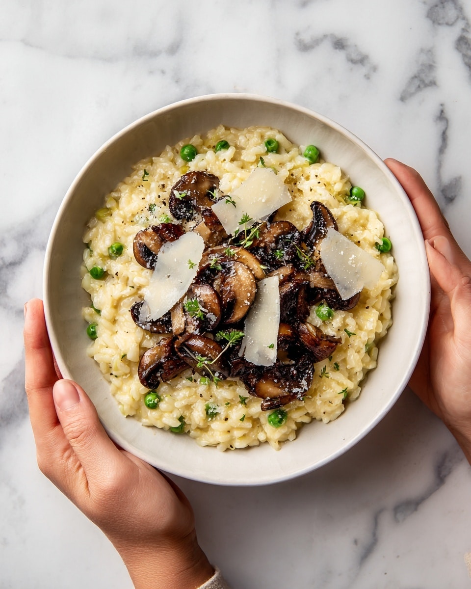 The image shows a white bowl with creamy risotto at the bottom, light yellow in color with small green peas scattered throughout. On top, there is a layer of cooked, dark brown mushrooms with a shiny, slightly oily texture. Thin white cheese slices are placed delicately over the mushrooms. The bowl sits on a white marbled surface, and a woman's hand is about to hold the bowl. photo taken with an iphone --ar 4:5 --v 7