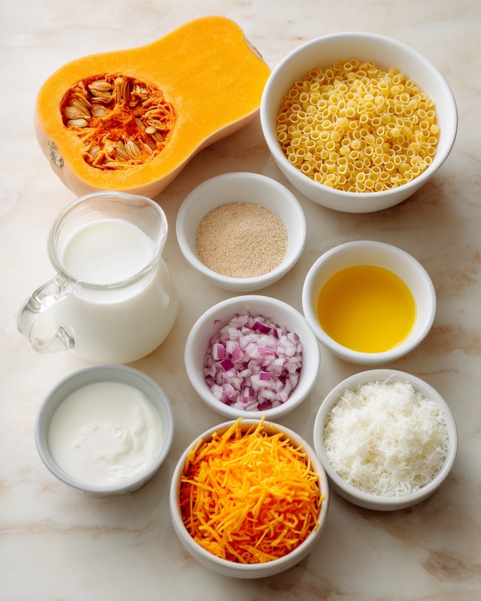 The image shows a white marbled surface with a halved butternut squash placed near the top left. The inside of the squash is orange with seeds visible in the hollow. Next to the squash on the right, there is a white bowl filled with small yellow pasta. Below these are four small white bowls arranged in a row containing white cream, a beige powder, chopped red onions, and a yellow liquid. At the bottom left, there is a clear glass pitcher filled with white milk. Centered near the bottom is a white bowl full of shredded orange cheese, and to its right, a white bowl with white crumbs or grated cheese. The colors are bright and the textures vary from smooth liquids to soft chopped pieces. photo taken with an iphone --ar 4:5 --v 7