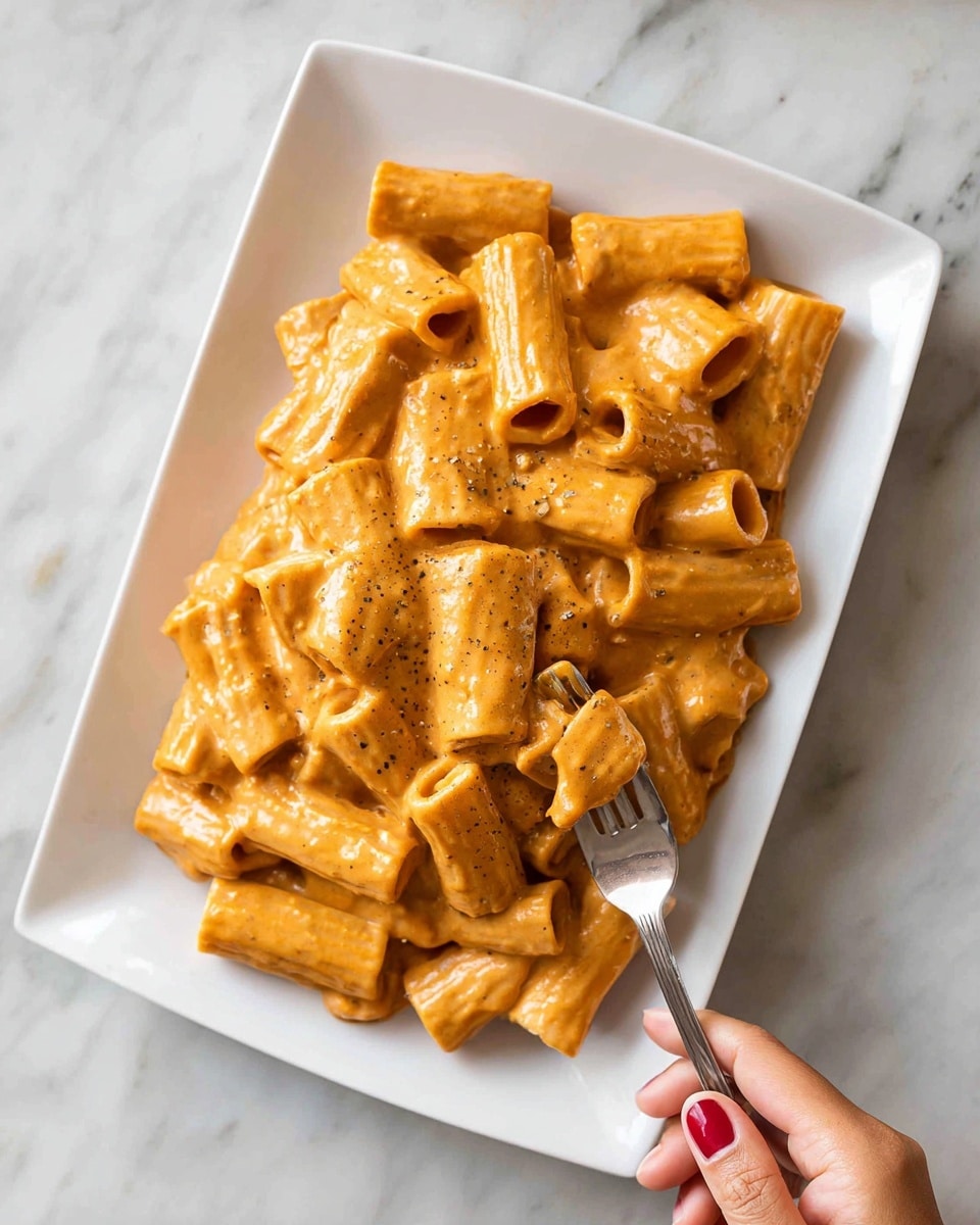 The image shows a white rectangular dish filled with rigatoni pasta coated in a creamy, light orange sauce. The pasta tubes are well covered with the smooth sauce, giving a rich and thick look. A woman's hand is holding a fork that is slightly digging into the pasta from the right side. The dish sits on a white marbled surface. The sauce looks dense and creamy with a uniform color across the pasta. Photo taken with an iphone --ar 4:5 --v 7