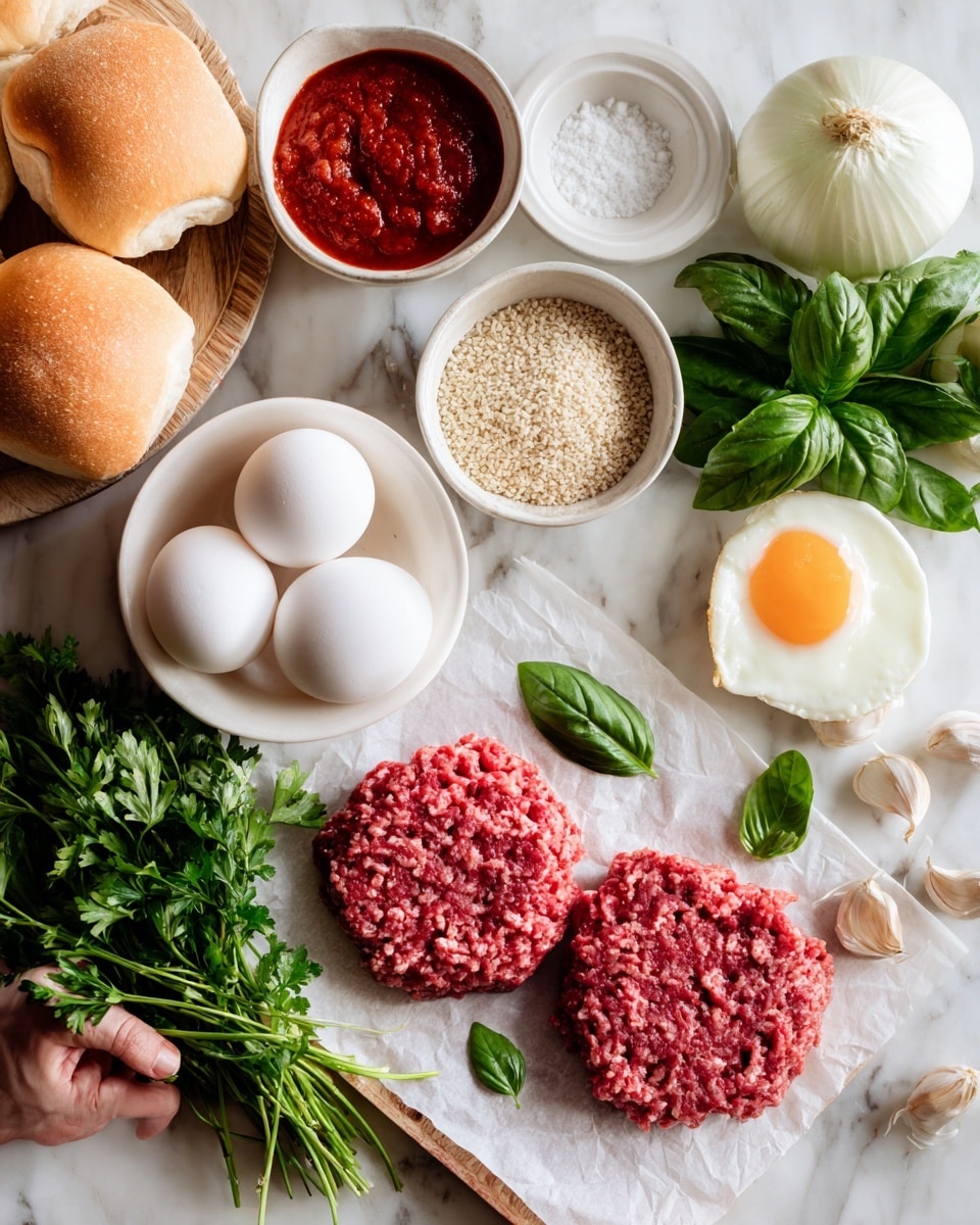 The image shows raw ingredients for making a dish arranged on a white marbled surface. There are two raw ground meats placed side by side on parchment paper, with fresh green basil leaves beside them. Two white eggs are placed near several pieces of garlic cloves and a white bowl filled with a light brown grain, likely breadcrumbs or quinoa. A white bowl with red sauce and a small white bowl containing salt are also visible. Fresh white onion and a bunch of green parsley are set on a wooden board, along with three white bread rolls. A woman's hand is holding a few fresh basil leaves. The colors are natural and fresh with reds, greens, whites, and browns all contrasting on the clean white marbled surface. Photo taken with an iphone --ar 4:5 --v 7