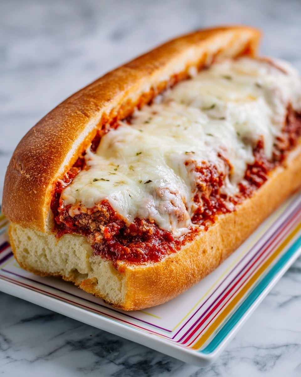 The image shows a long sandwich on a rectangular white plate with colorful stripes. The sandwich has a toasted golden brown bun on top. Inside, there is a thick layer of red meat sauce mixed with visible small meat chunks, topped unevenly with melted white cheese. Some cheese appears stringy, and the sauce looks saucy and rich in texture. The background surface is white marble. photo taken with an iphone --ar 4:5 --v 7