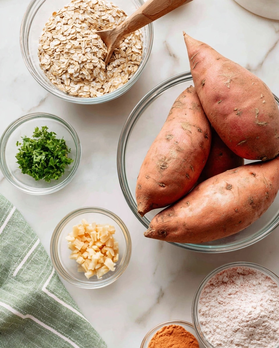 The image shows four whole reddish-brown sweet potatoes in a clear glass bowl on a white marbled surface. Around the bowl, there are small clear bowls and dishes containing various ingredients: light brown oats, a light brown powder, small yellow chunks, white flour, fresh bright green chopped herbs, and a mixture of light pink and white textured flour with a wooden spoon inside. A folded green and white striped cloth is near the bottom left of the image. Photo taken with an iphone --ar 4:5 --v 7