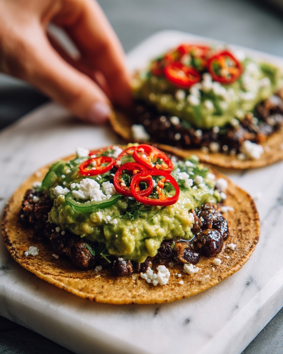 The image shows two tacos placed closely on a white marbled surface. Each taco has a soft brown tortilla as the base layer, topped with a layer of black beans. Above the beans, there is a bright green layer of mashed avocado spread evenly. On top of the avocado, there are thin slices of red chili peppers scattered, adding a pop of color. Small white crumbles of cheese are sprinkled on each taco, adding texture and contrast. The tacos are arranged diagonally with one slightly higher than the other. A woman's hand is reaching toward the top taco. Photo taken with an iphone --ar 4:5 --v 7