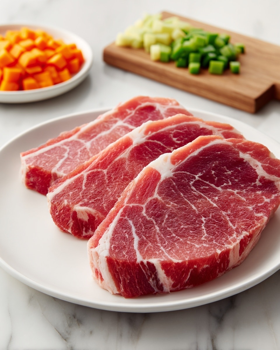 The image shows three thick slices of raw meat placed closely together on a white plate, each slice showing a slightly marbled texture with visible fat and red muscle fibers. The plate is positioned on a white marbled surface. To the upper right of the plate, there is a wooden board with three small piles of diced vegetables: orange, green, and pale green, arranged next to each other neatly. Photo taken with an iphone --ar 4:5 --v 7