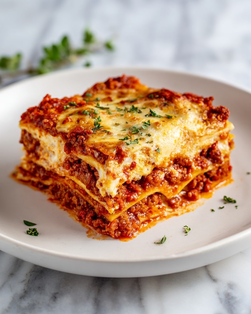 A square piece of lasagna sits on a white plate, showing about five layers of pasta sheets separated by thick layers of rich tomato meat sauce with small pieces of meat and melted cheese. The top layer is golden brown melted cheese with some green herbs sprinkled on it. The edges look slightly browned and crispy. The background is a white marbled surface with a few small green herb leaves near the plate. photo taken with an iphone --ar 4:5 --v 7