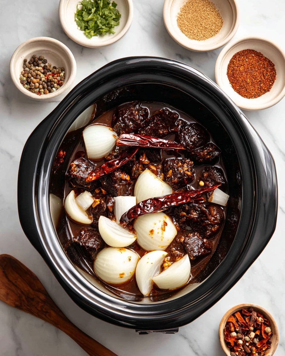 The image shows a black slow cooker with several ingredients inside. At the bottom, there are small white onion pieces. On top of the onions, there are dark red dried chili peppers. Surrounding the onions and chilies is a glossy, dark brown sauce. The slow cooker is on a white marbled surface, and there are small white bowls with spices nearby. A woman's hand is not in the image. photo taken with an iphone --ar 4:5 --v 7