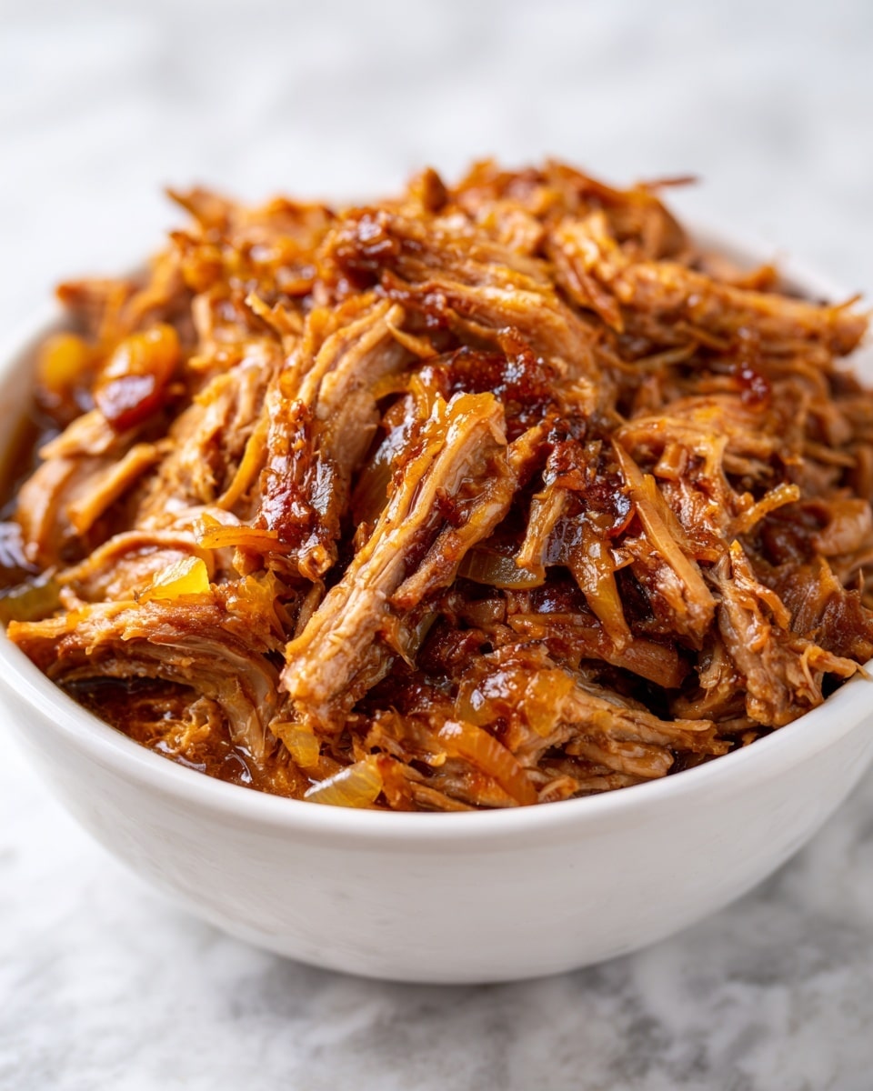 The image shows a close-up of a white bowl filled with shredded cooked meat that is brown and juicy, mixed with small pieces of cooked onions and a slightly oily sauce pooling around the edges. The meat strands vary in size and texture, with a glossy, tender look. The bowl is placed on a white marbled surface, giving a clean and bright background. photo taken with an iphone --ar 4:5 --v 7