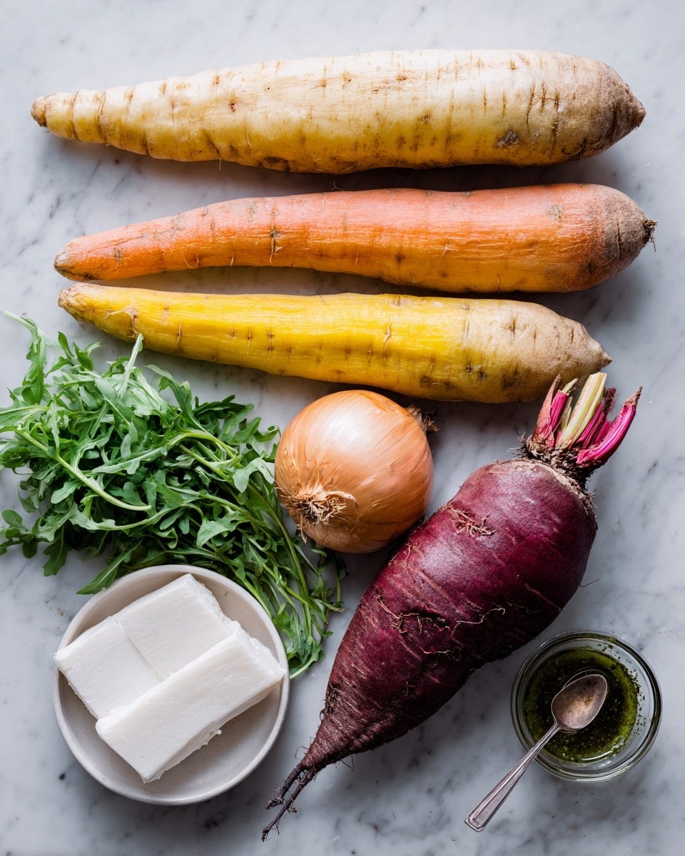 The image shows a white marbled surface with a bunch of fresh vegetables and herbs. There are three long root vegetables placed horizontally at the top - one yellow, one orange, and one pale yellow with a rough texture. Below them, there is a sweet potato with a reddish-brown skin, an onion with a yellowish peeling, and a dark red beetroot with visible roots still attached. To the left is a small bunch of fresh green arugula leaves with curly stems. A small white bowl at the bottom left holds two thick slices of white cheese. At the top right corner, there is a small glass bowl with green sauce and a spoon inside. The photo taken with an iphone --ar 4:5 --v 7