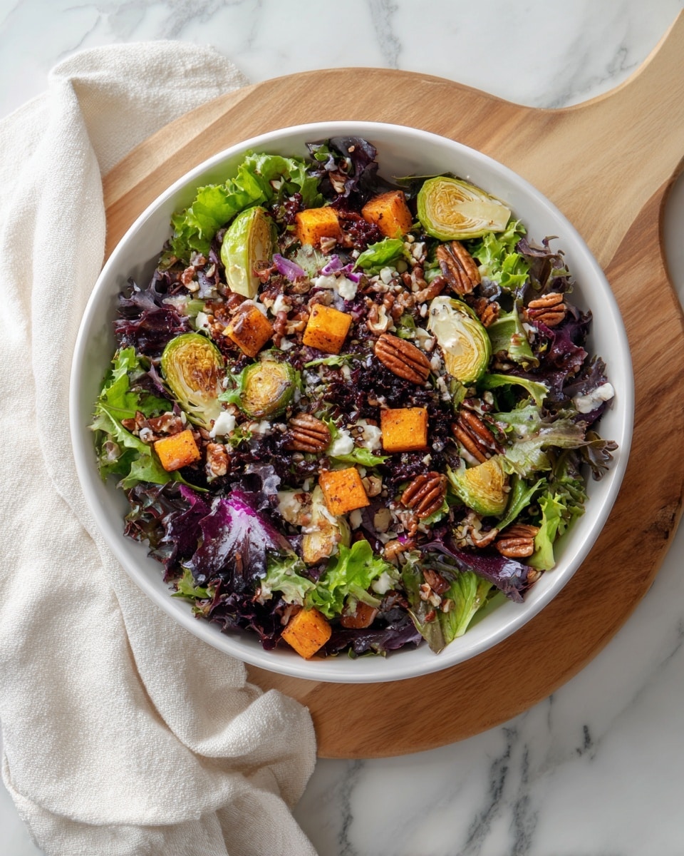 A white bowl filled with a fresh salad on a white marbled surface, featuring multiple layers: the bottom layer is a mix of dark purple and bright green leafy greens; on top, scattered small orange cubes that look roasted; next, halved Brussels sprouts with a roasted brown edge; mixed in are pecans with a deep brown color; the salad has a texture mix of soft leaves, crunchy nuts, and firm roasted vegetables; the bowl sits on a wooden board partially covered by a white cloth. Photo taken with an iphone --ar 4:5 --v 7