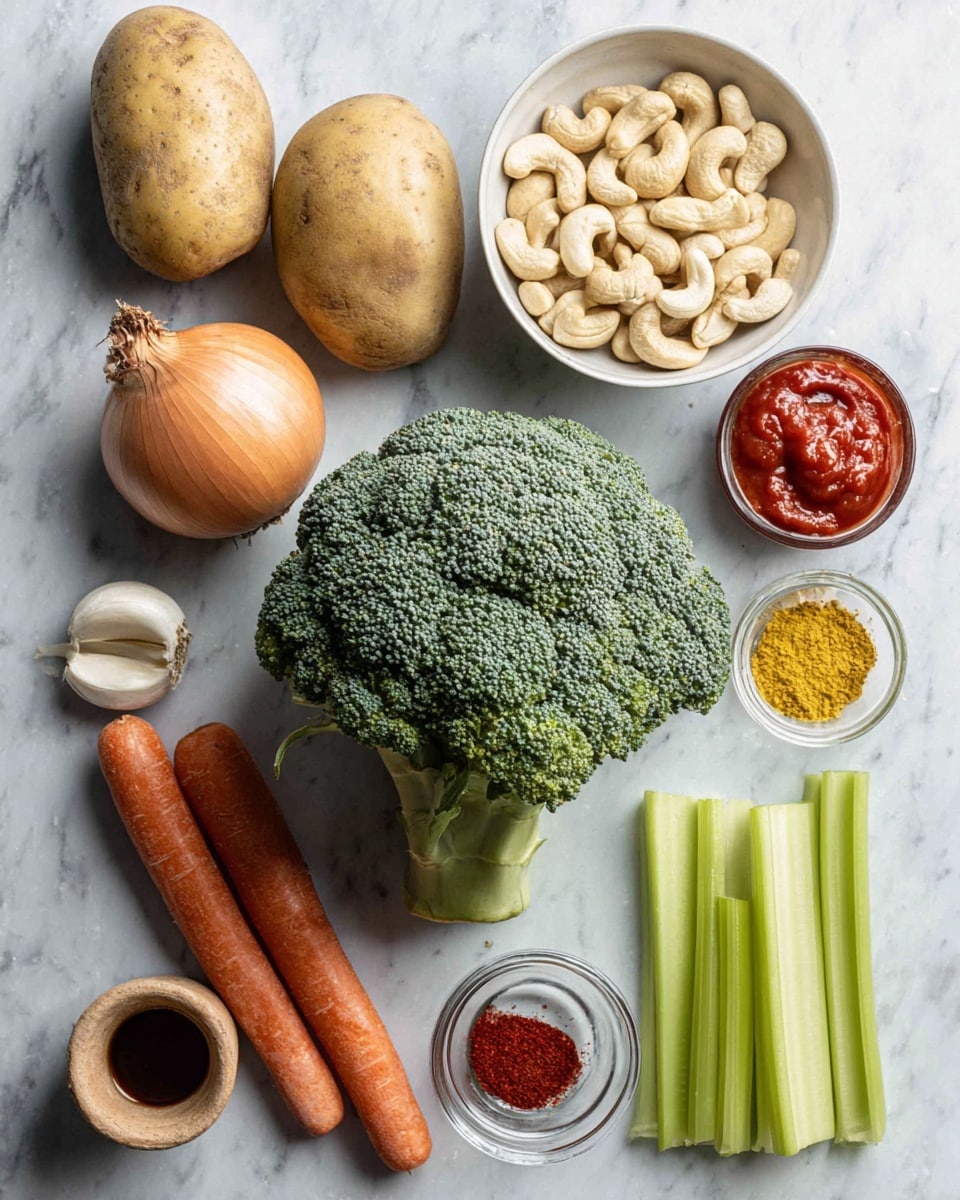 A top view of fresh vegetables and ingredients placed neatly on a white marbled surface. At the center, a large, dark green broccoli head with a bumpy texture. To its left, two light brown potatoes with smooth skin and an onion with a shiny pale-amber outer layer. Below, two long, bright orange carrots with a slightly rough texture. On the right side, three light green celery stalks with visible ribs. Above the broccoli, there is a white bowl filled with beige cashew nuts, next to it a small glass bowl with red tomato paste and light brown mustard separated in halves, a small wooden bowl with red spice and yellow powder side by side, and a clear glass bowl containing a small amount of dark brown liquid. Near the top left, a single peeled garlic clove with smooth, off-white skin. Photo taken with an iphone --ar 4:5 --v 7