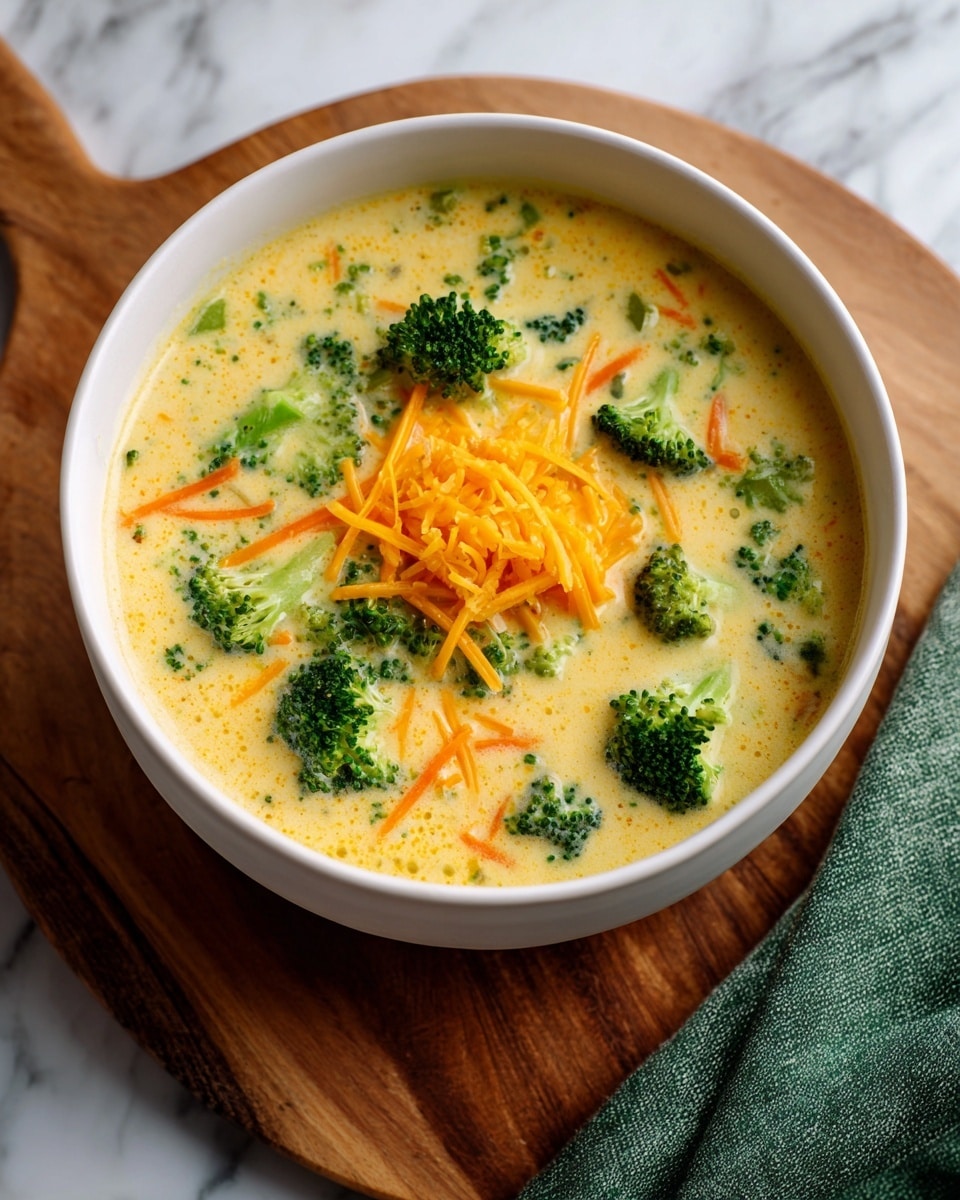A white bowl filled with creamy light yellow soup as the base layer, dotted with bright green broccoli pieces all around. Thin orange carrot shreds are mixed throughout the soup, adding a thin texture contrast. On top, a small pile of vibrant orange shredded cheese pieces lays in the center, partially melting into the warm soup. The bowl sits on a wooden board with a green cloth beside it, all placed on a white marbled surface. Photo taken with an iphone --ar 4:5 --v 7